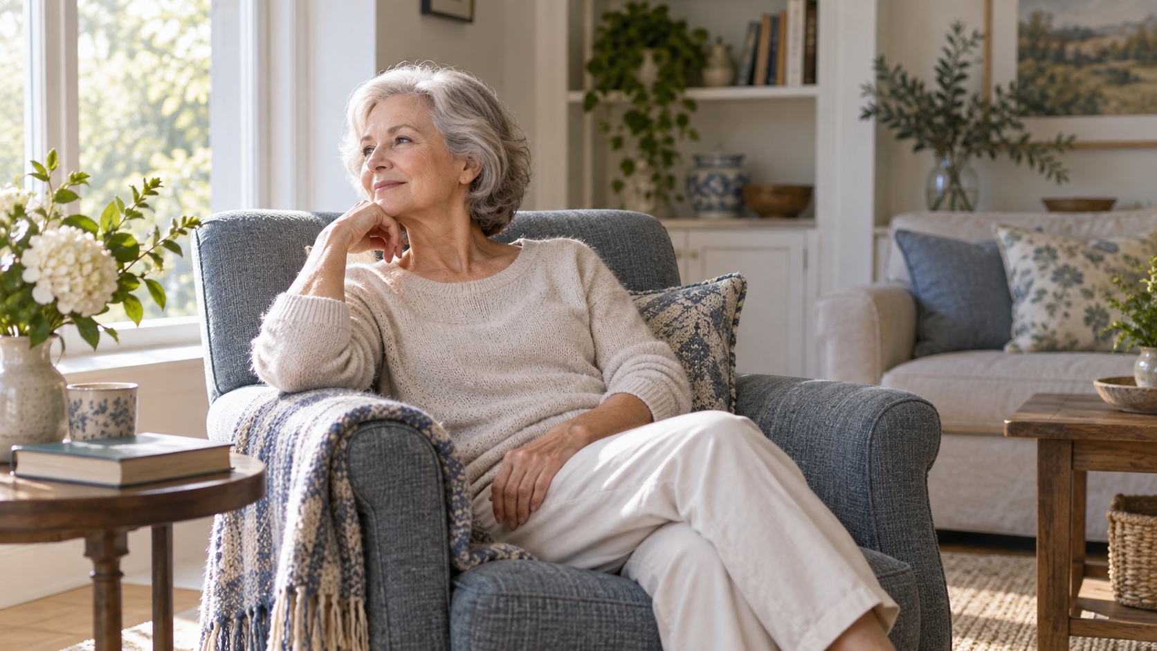 An older woman rests in an armchair in a bright room.