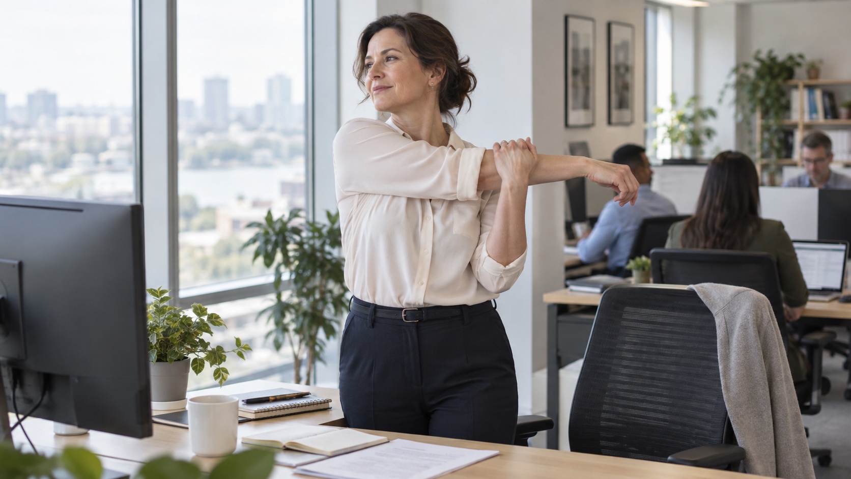 An office worker stands and stretches beside a desk.