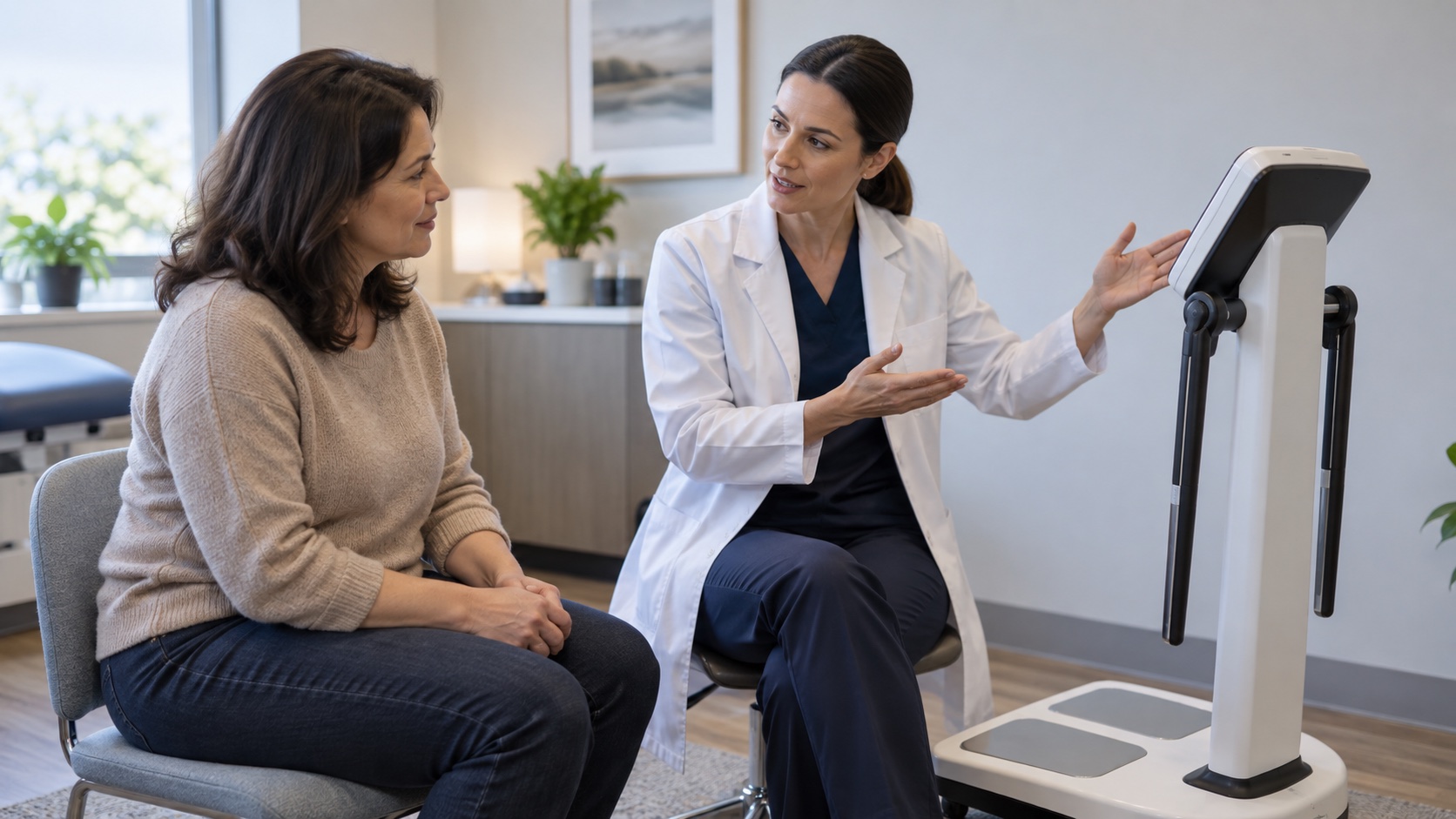A clinician discusses a body-composition device with a fully clothed patient.