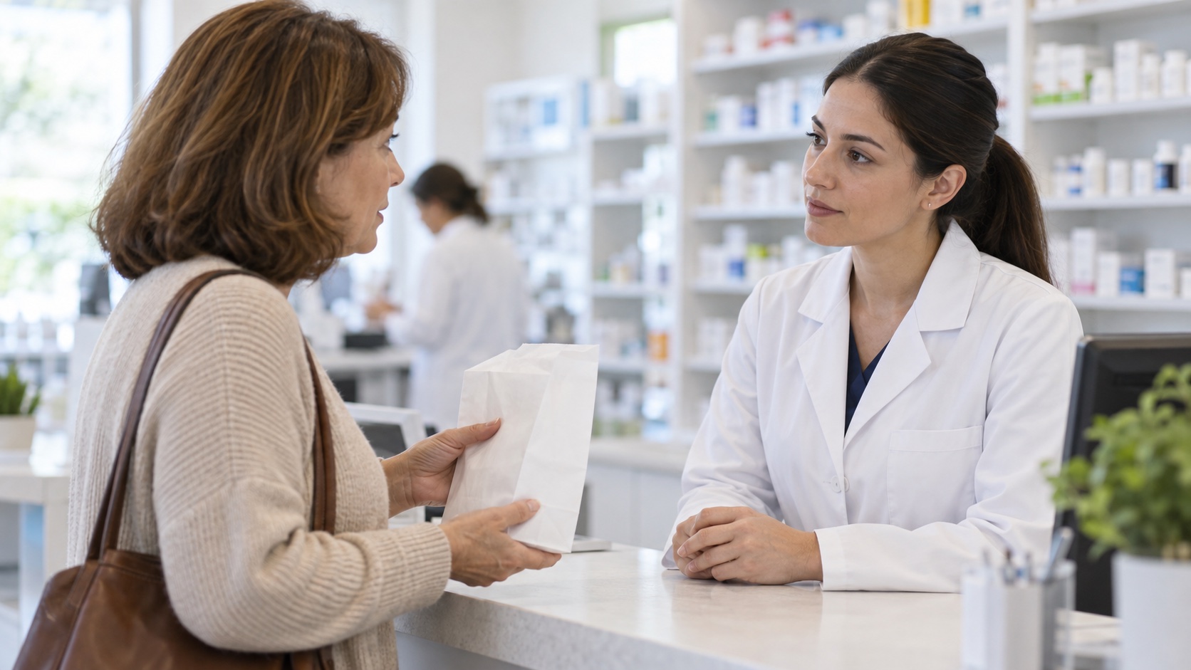 A patient asks a pharmacist about a prescription bag.