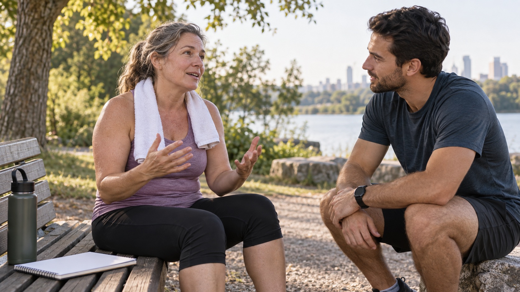 A coach listens to a woman after moderate exercise.