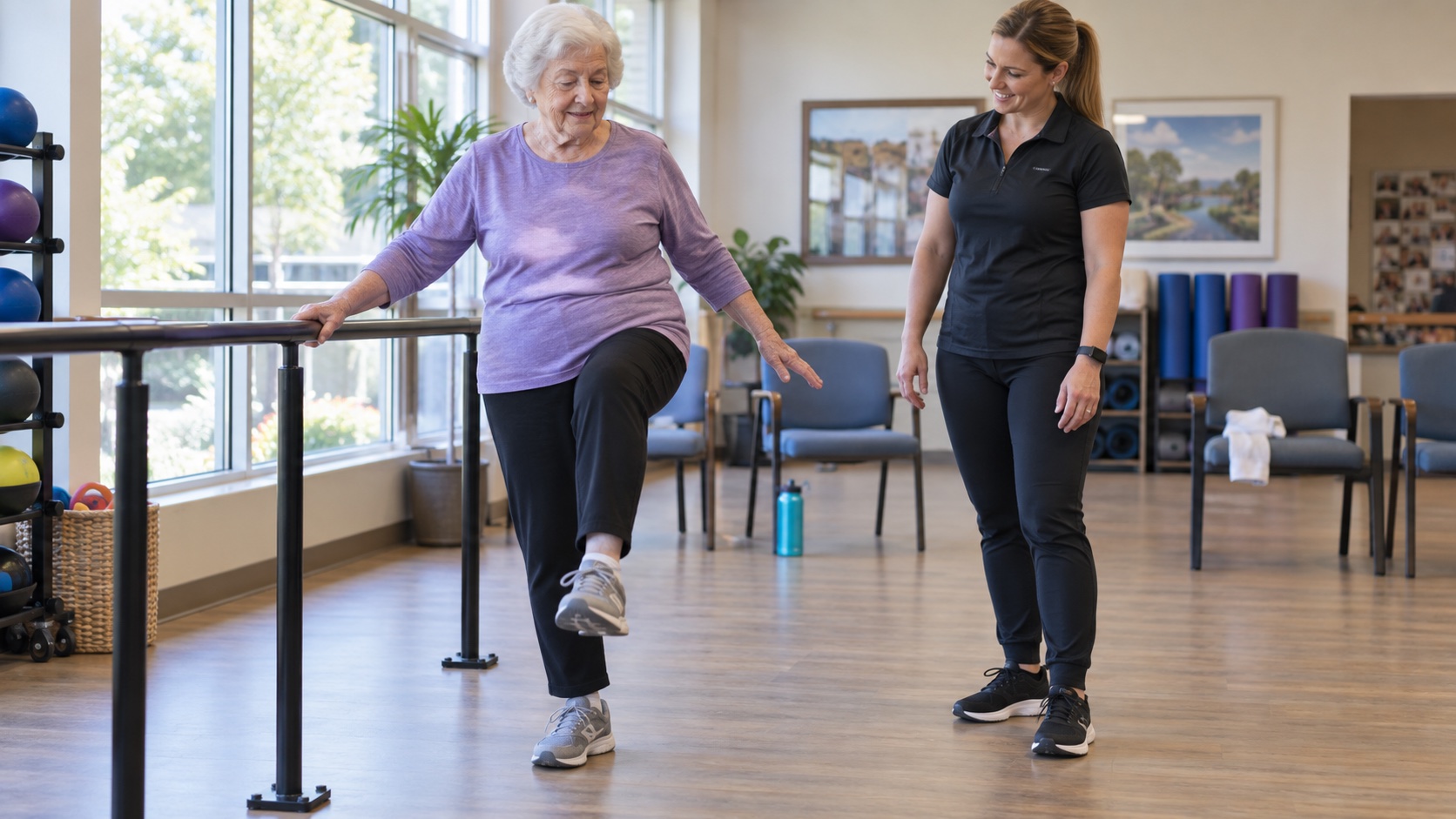 An older woman practices balance beside a sturdy rail.