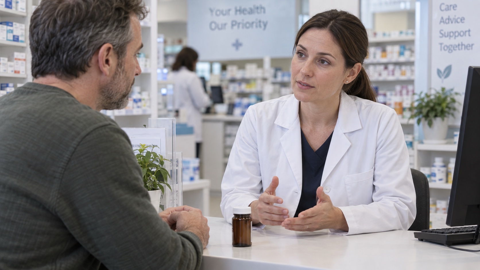 A pharmacist discusses an unlabelled herbal-supplement bottle with an adult.