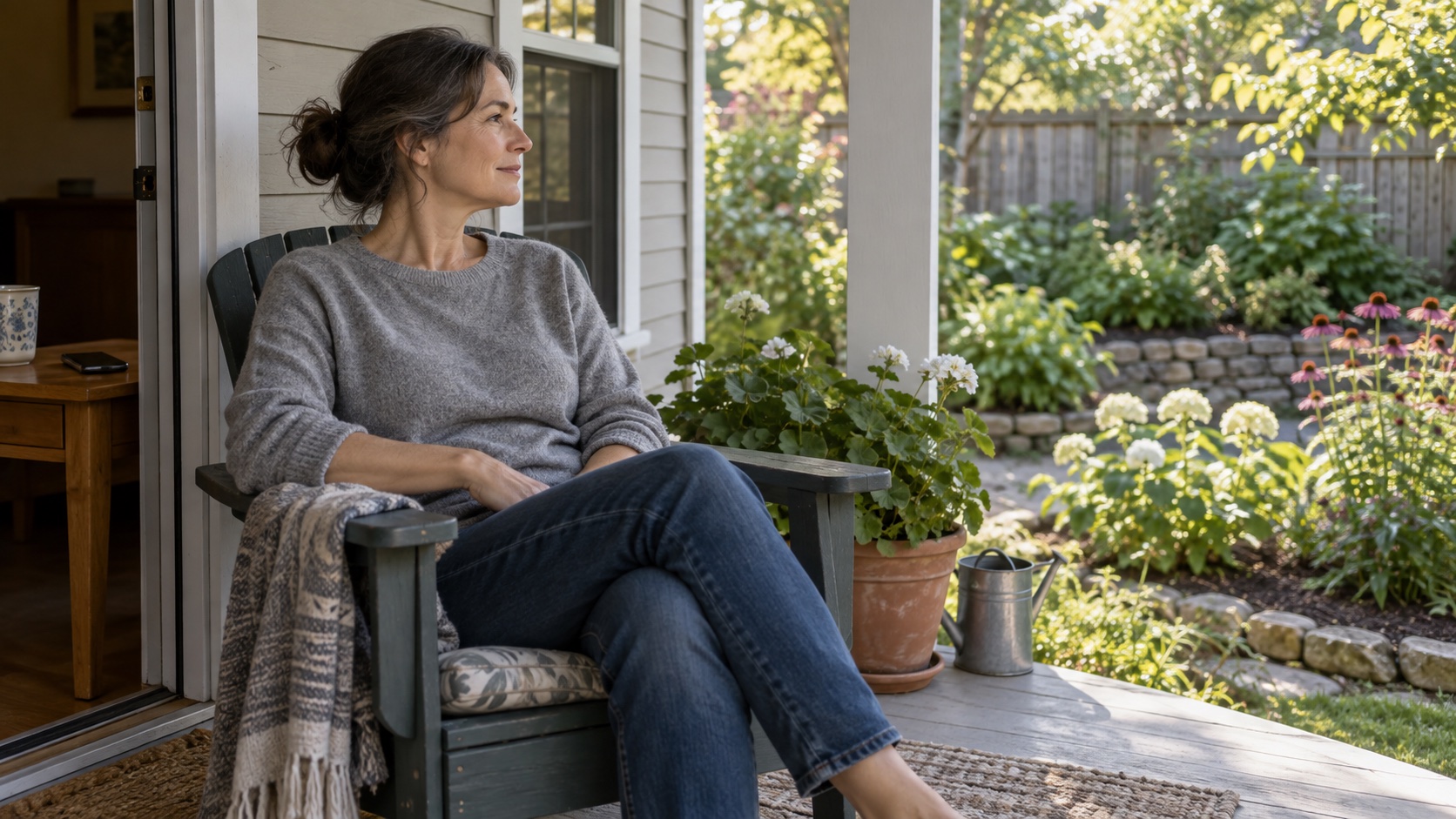 A woman sits quietly on a porch looking toward a garden, with no visible activity.