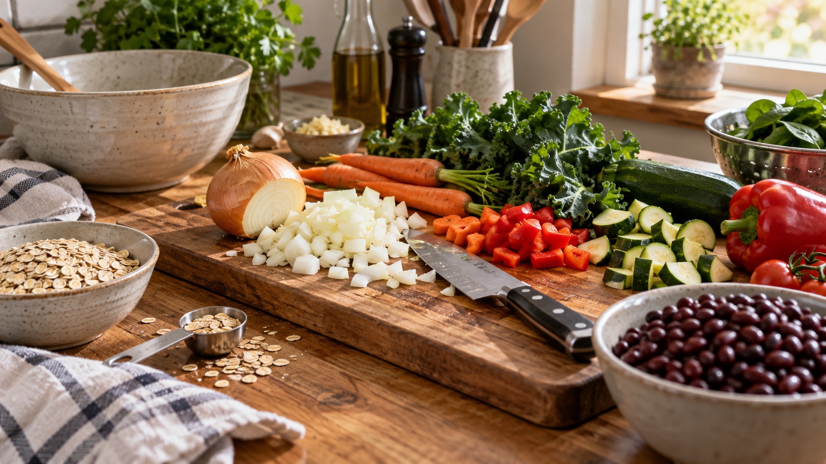 Onions, beans, oats, and vegetables are prepared at home.