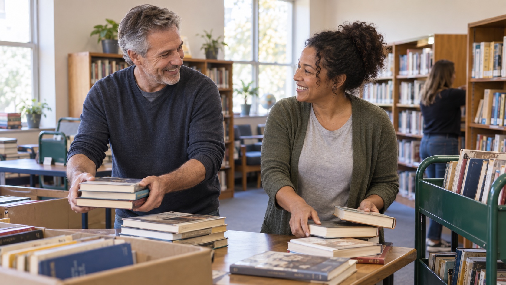 A volunteer sorts books with others in a community library.