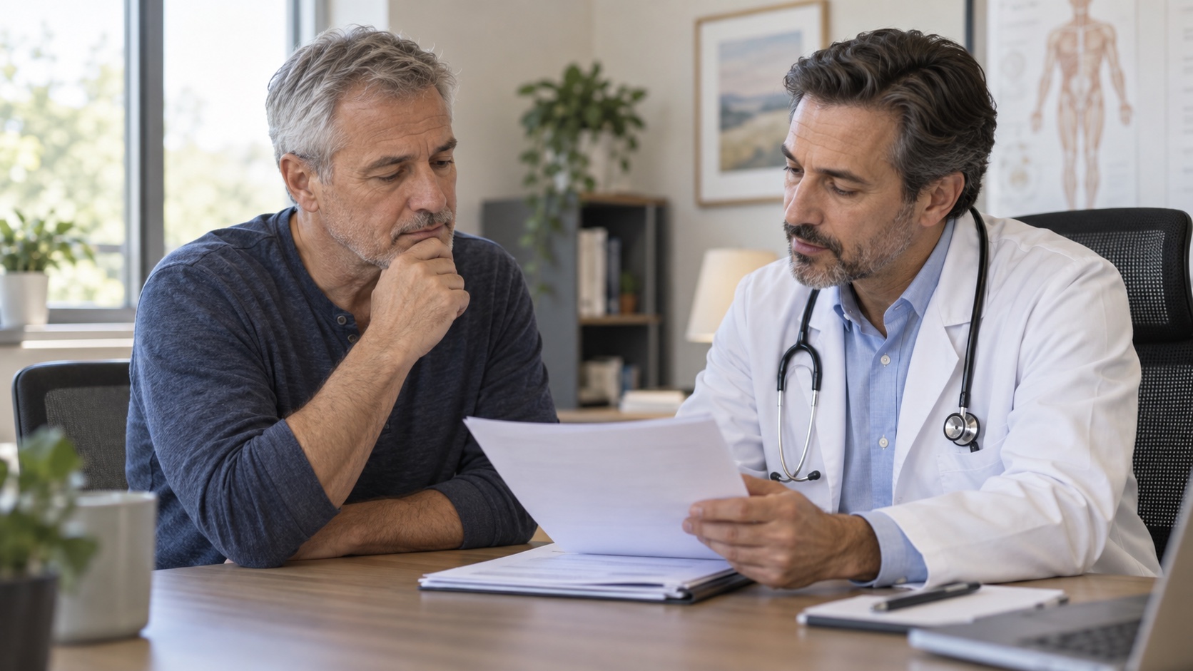 A man and clinician review an unreadable sleep-test report.