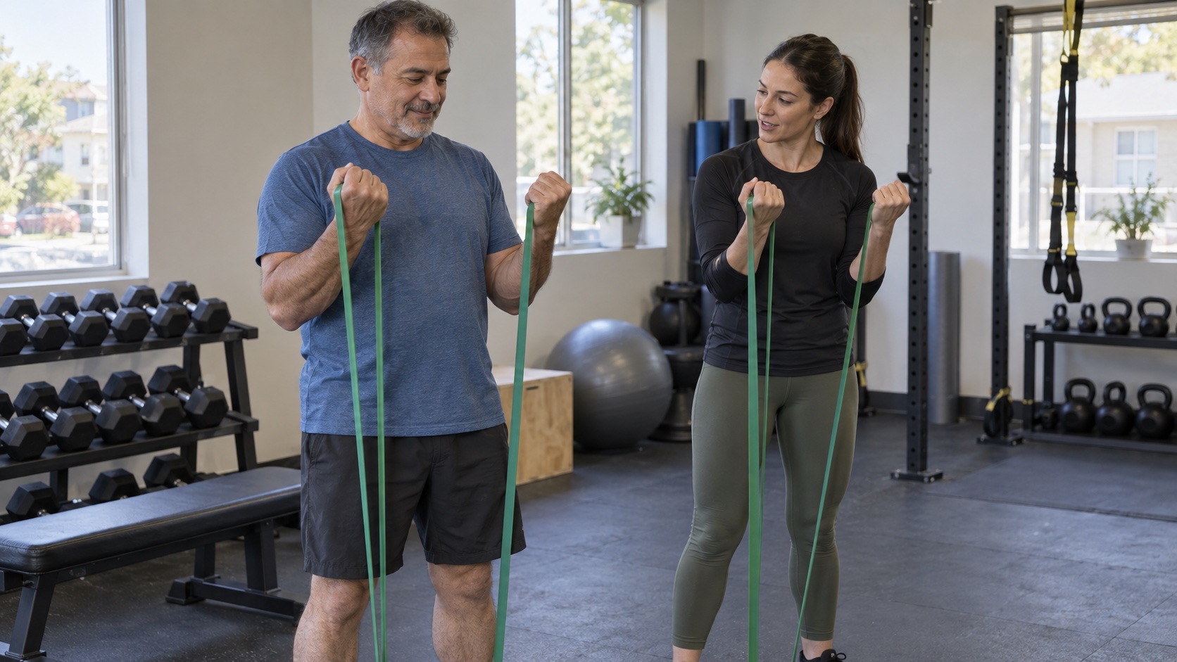 A coach demonstrates a resistance-band exercise to a man.