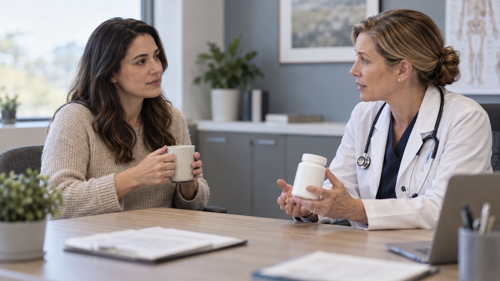 A clinician discusses a glucose monitor with a patient whose screen is turned away.