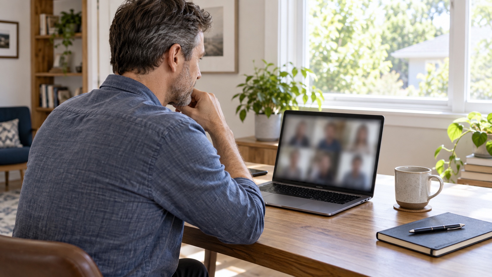 A remote worker joins a video meeting at home, with the screen blurred.