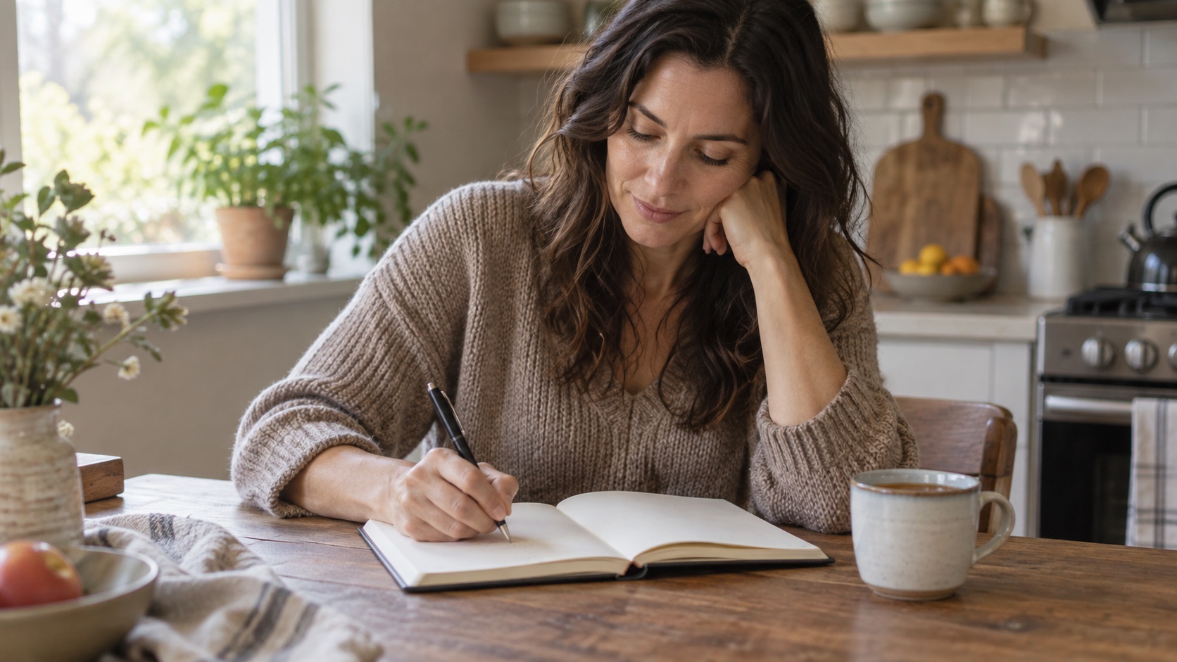 An adult writes privately in a blank journal at a kitchen table.