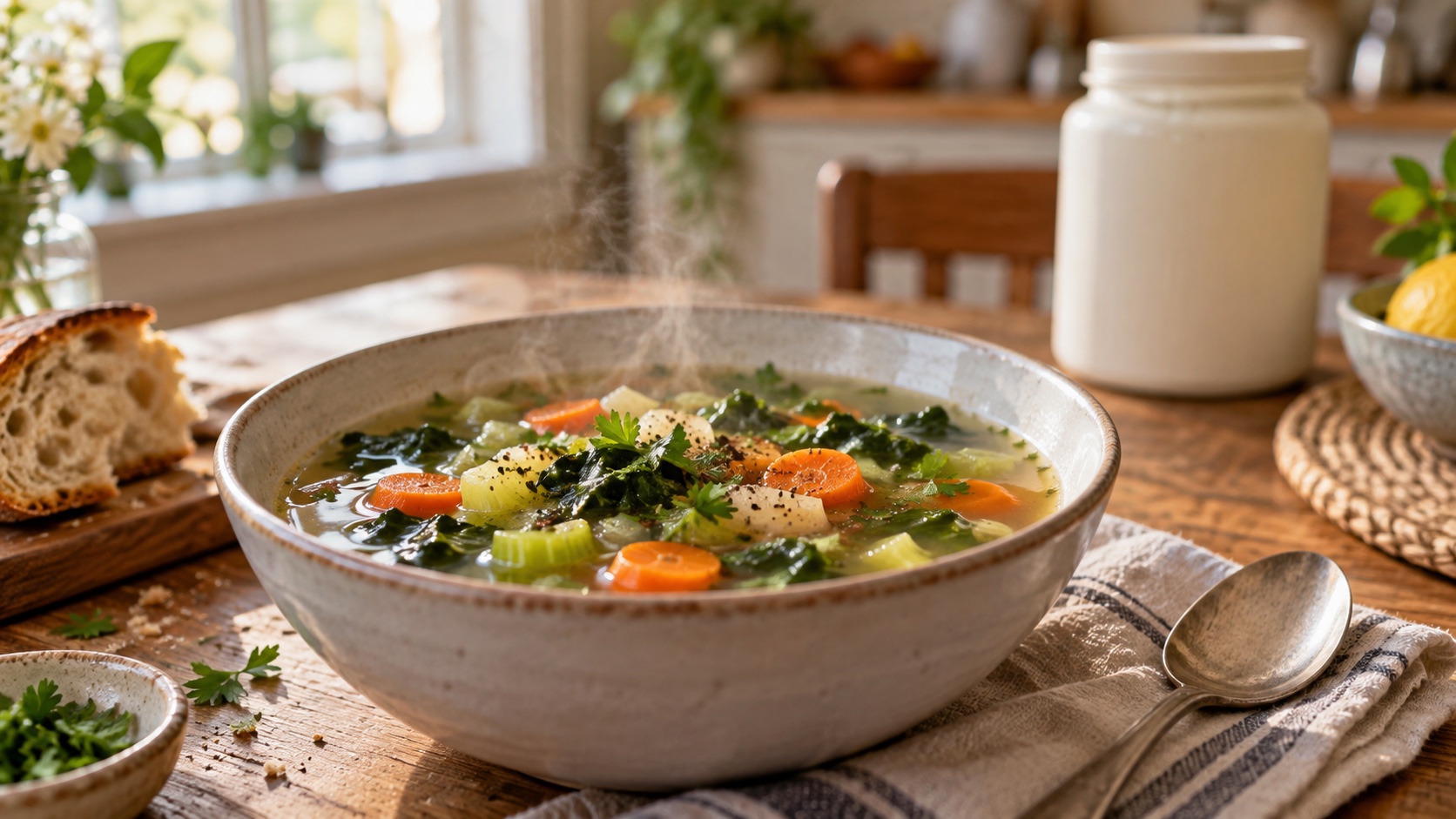 A bowl of broth-based soup and vegetables sits on a home table.