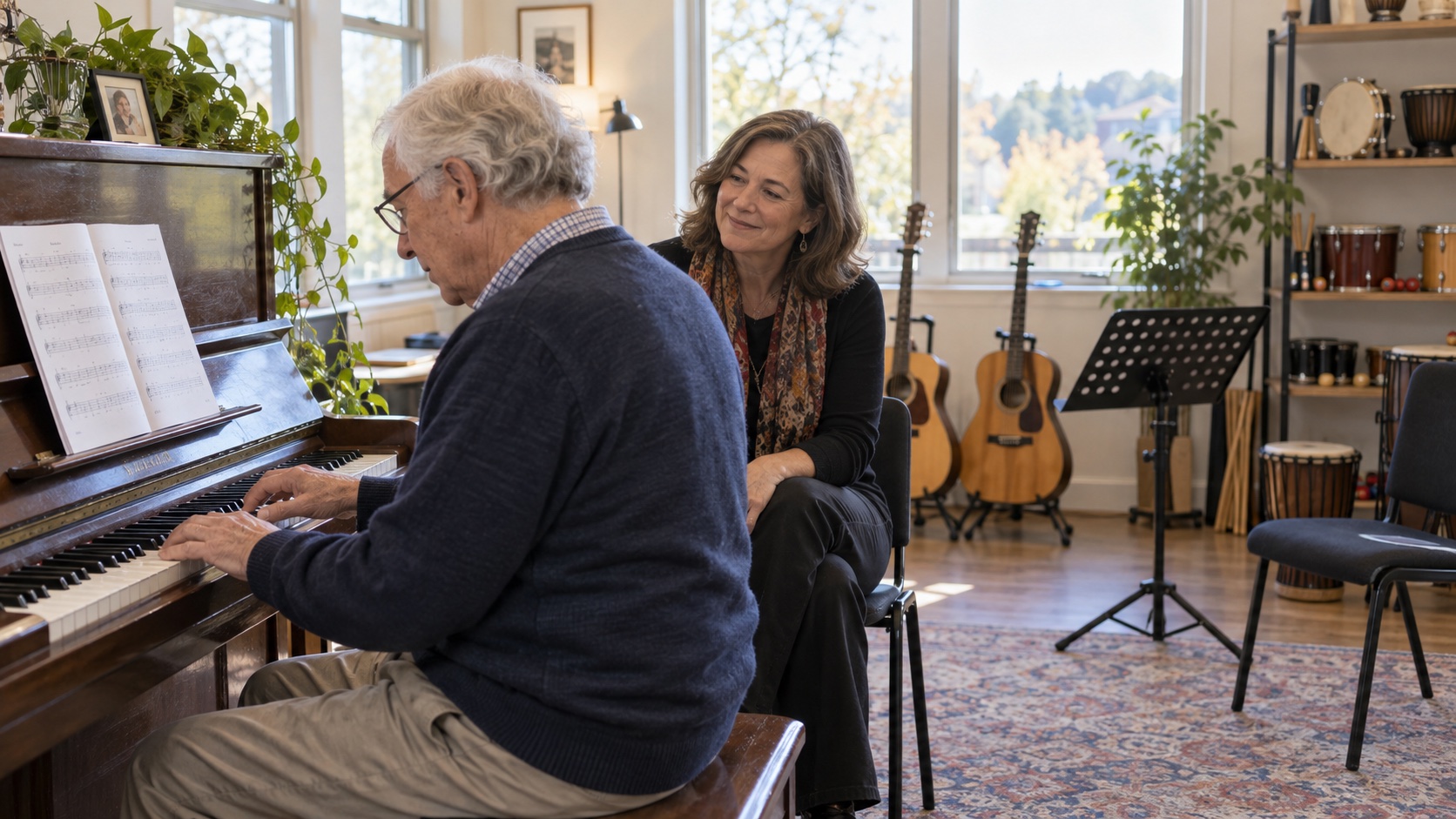 An older adult practices piano with a teacher nearby.