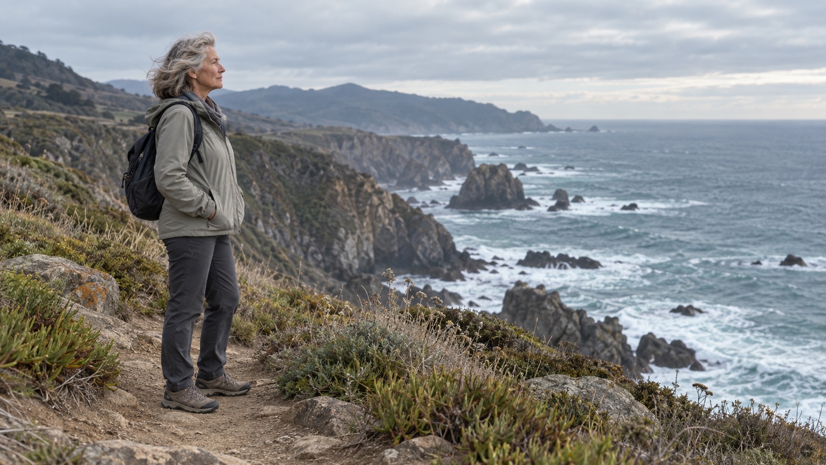 A woman pauses to look across a coastal landscape.