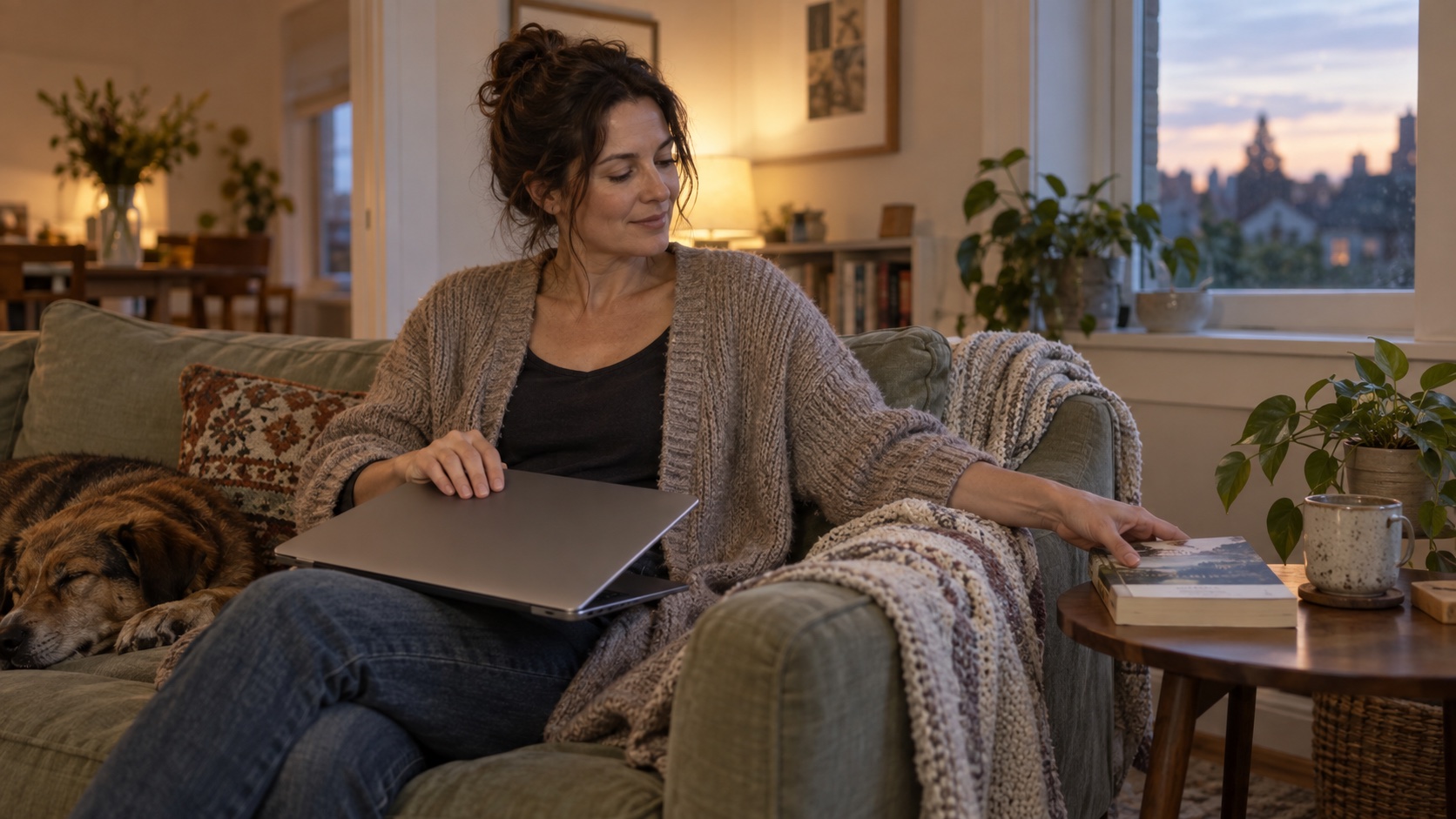 A woman closes a laptop and sets out a book in the evening.