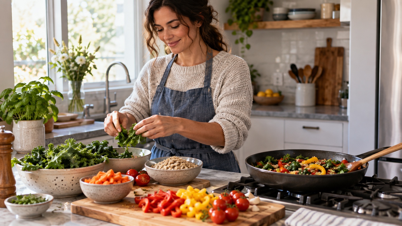 Simple protein-containing foods are arranged across a kitchen counter.