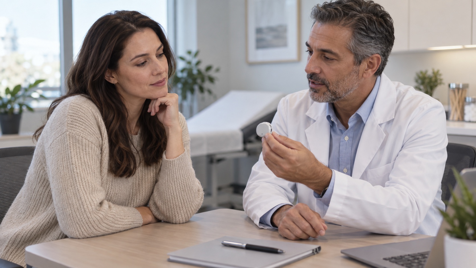A patient reviews a blurred fasting-lab sheet with a clinician.