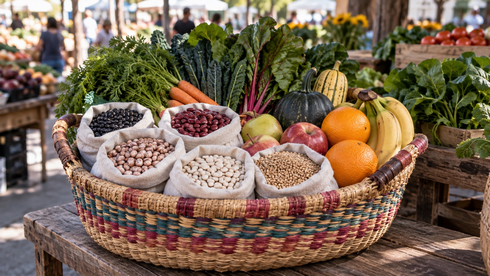 Beans, greens, fruit, and grains in a market basket.