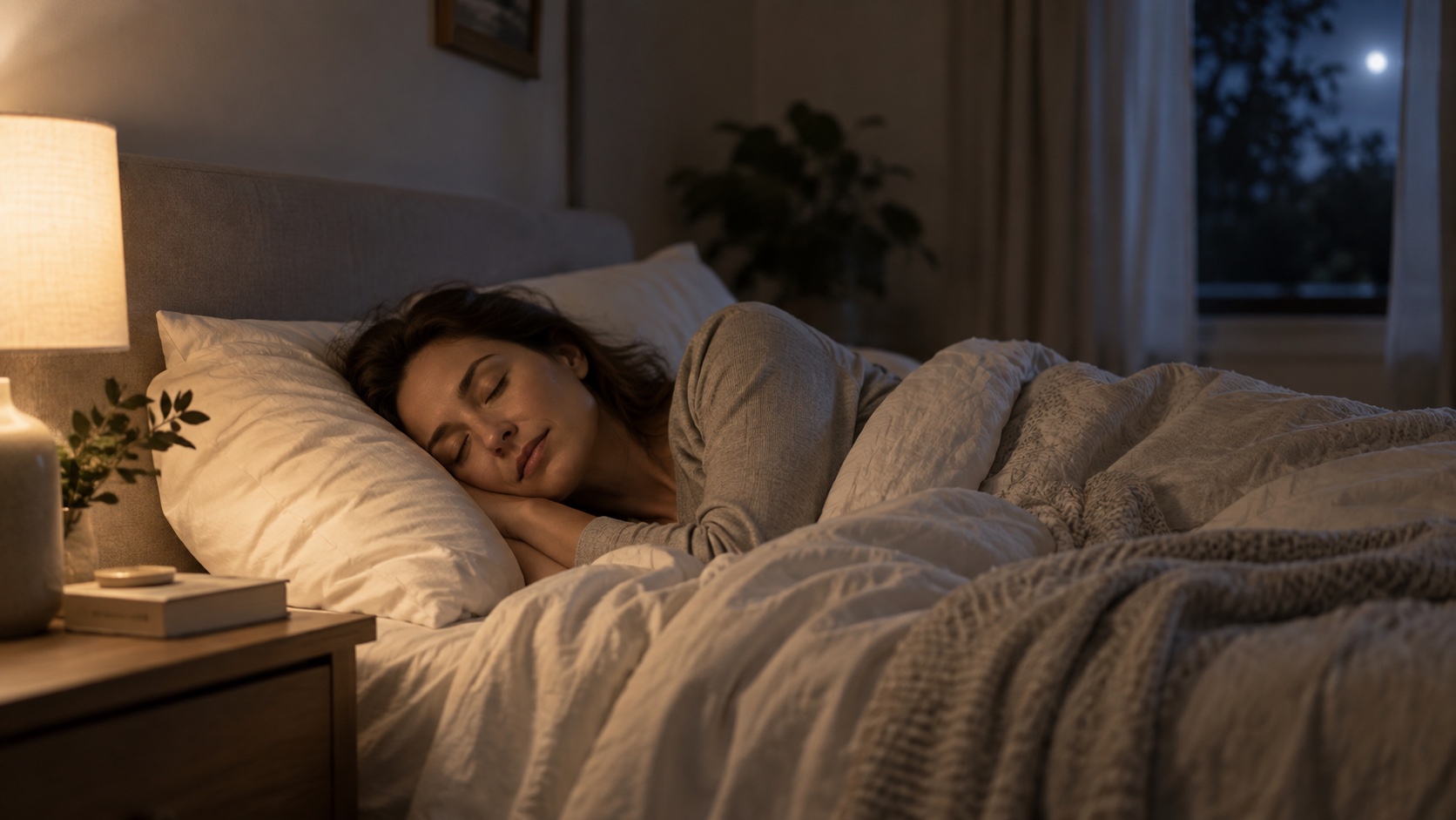 An adult sleeps peacefully in a quiet bedroom.
