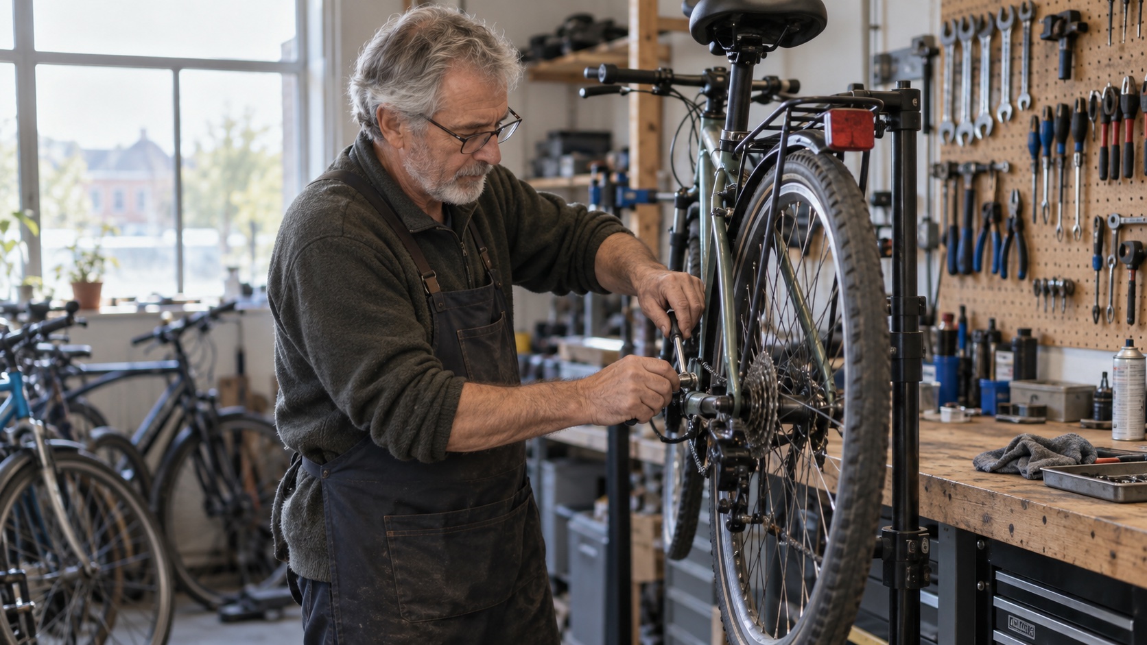 An older man repairs a bicycle at a workshop.