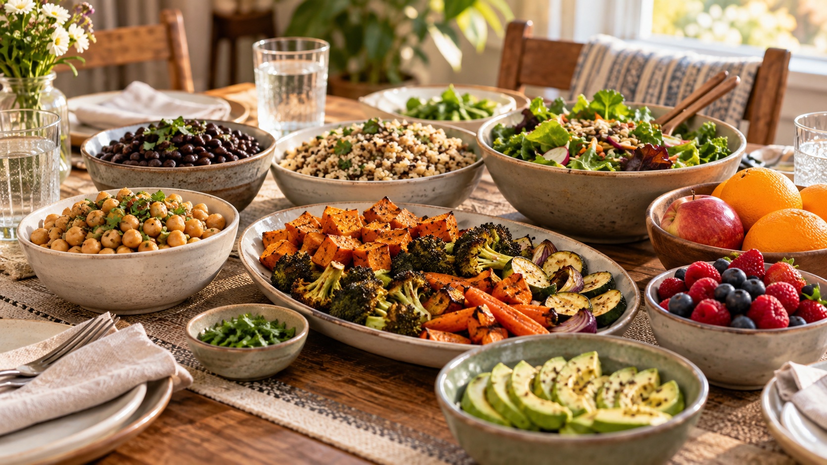 A plant-forward meal is served on a home table.