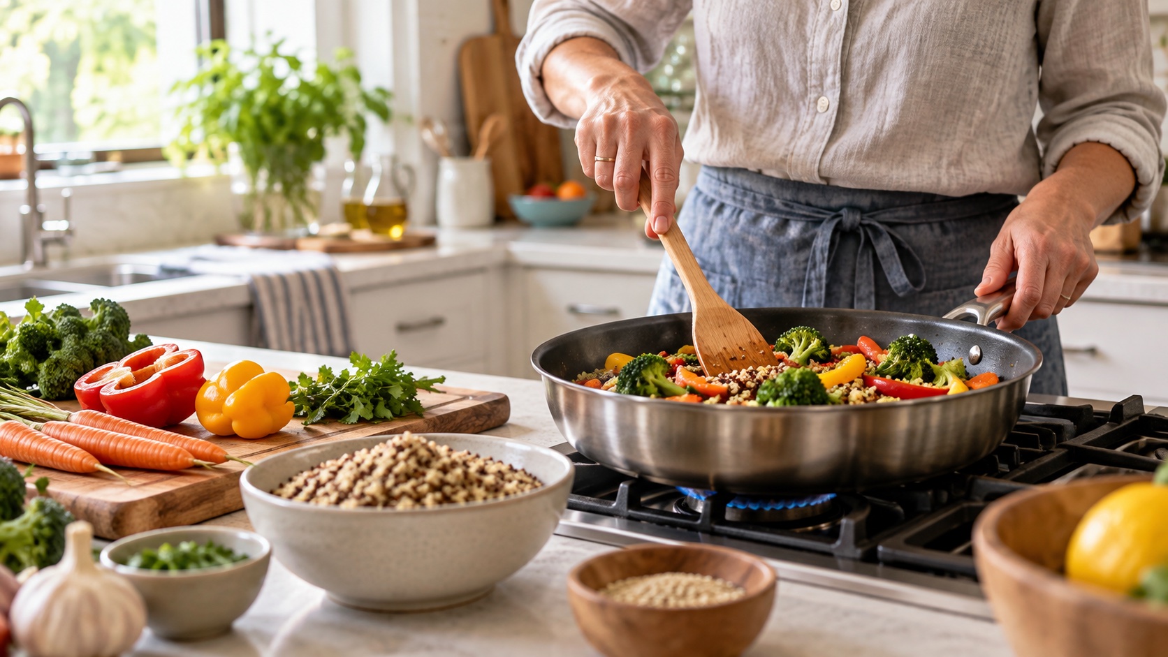An adult prepares a simple meal in a home kitchen.