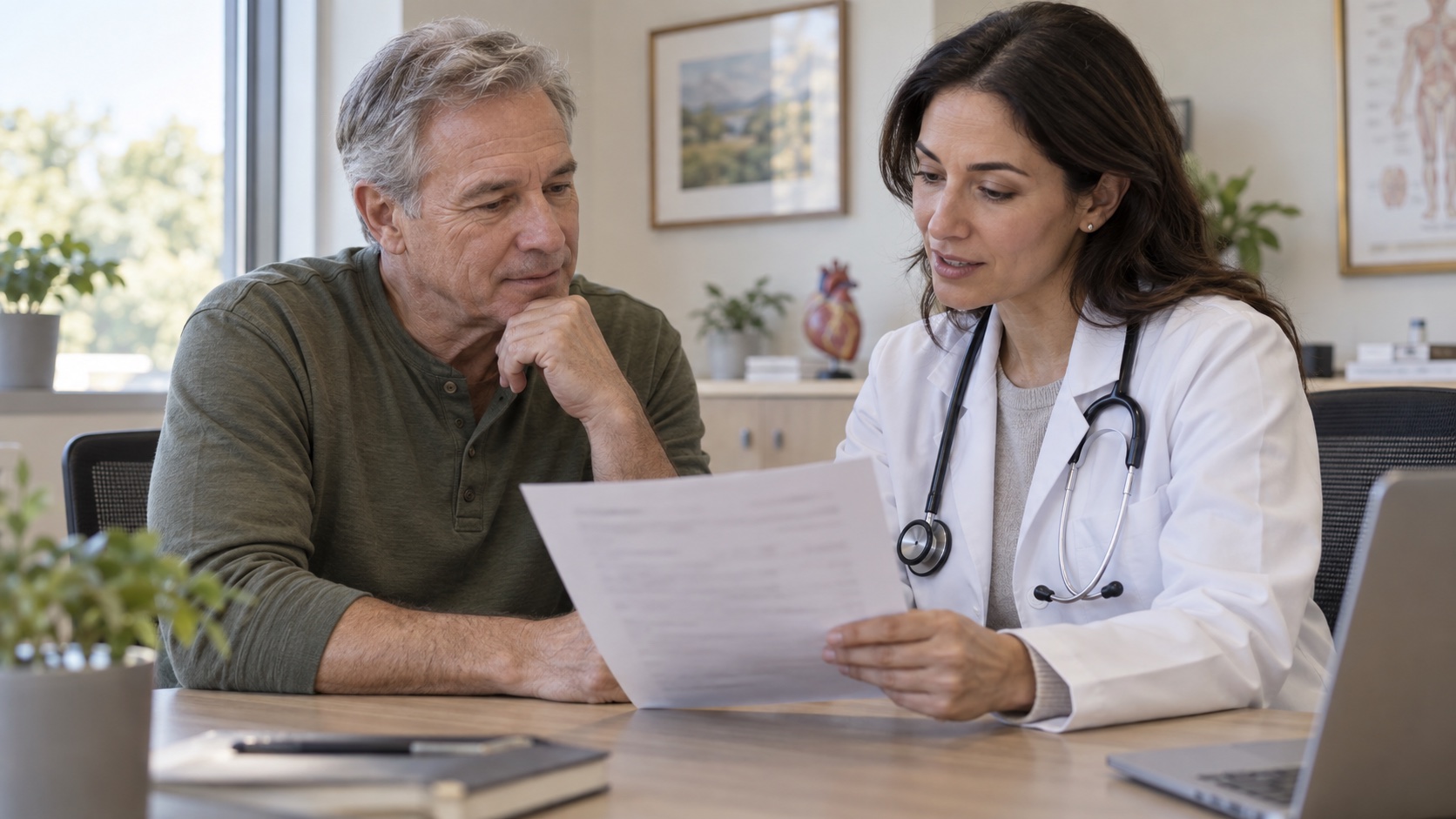 An older adult discusses a blurred lipid panel with a clinician.