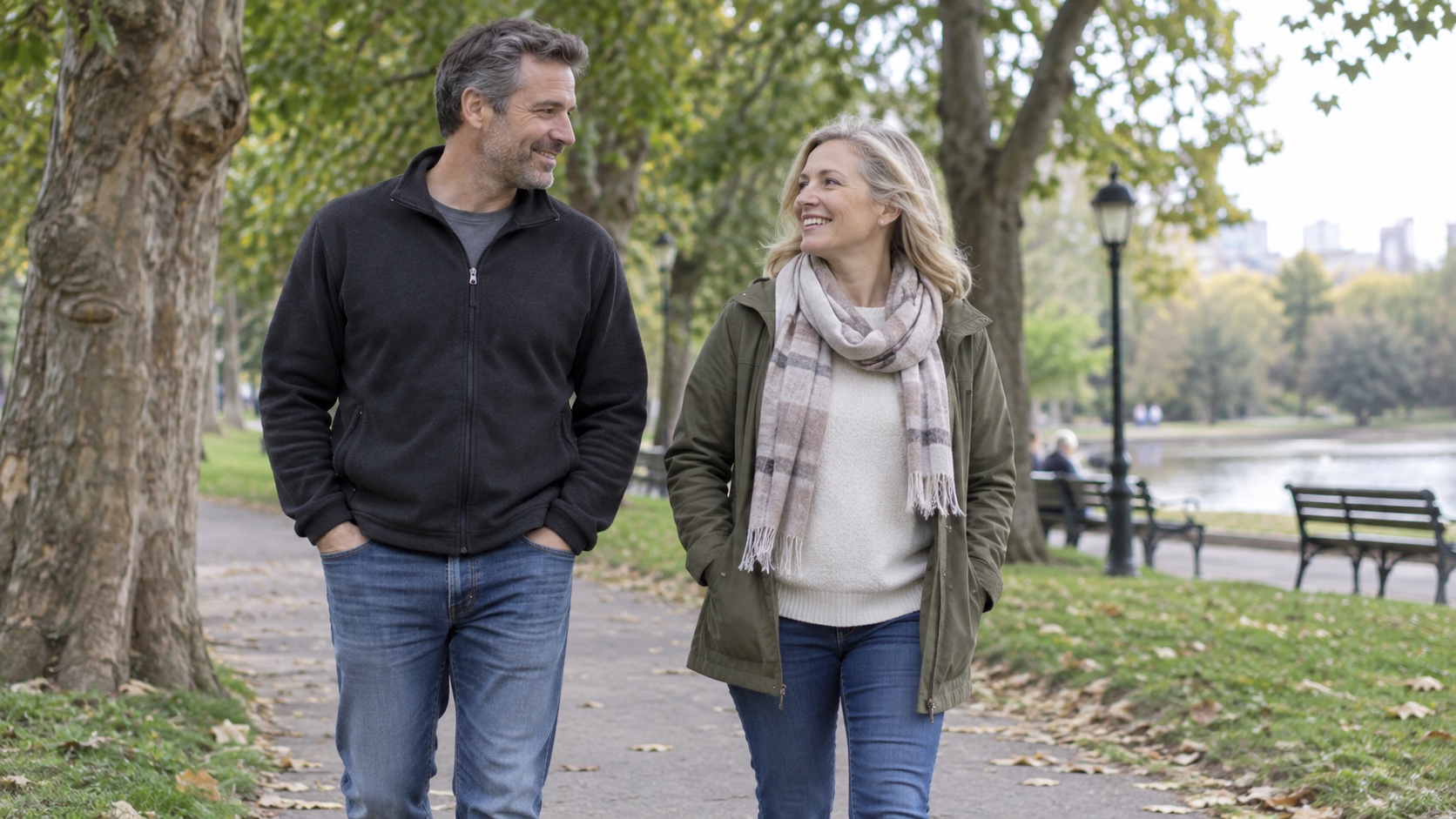 Two adults walk among trees in a public park.
