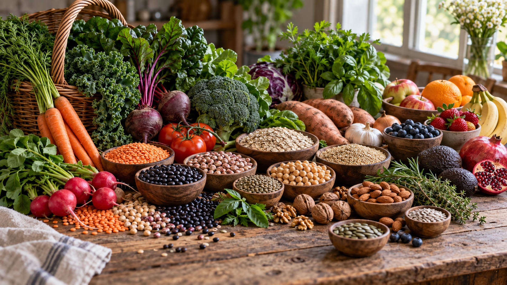 A market basket displays a wide variety of plant foods.