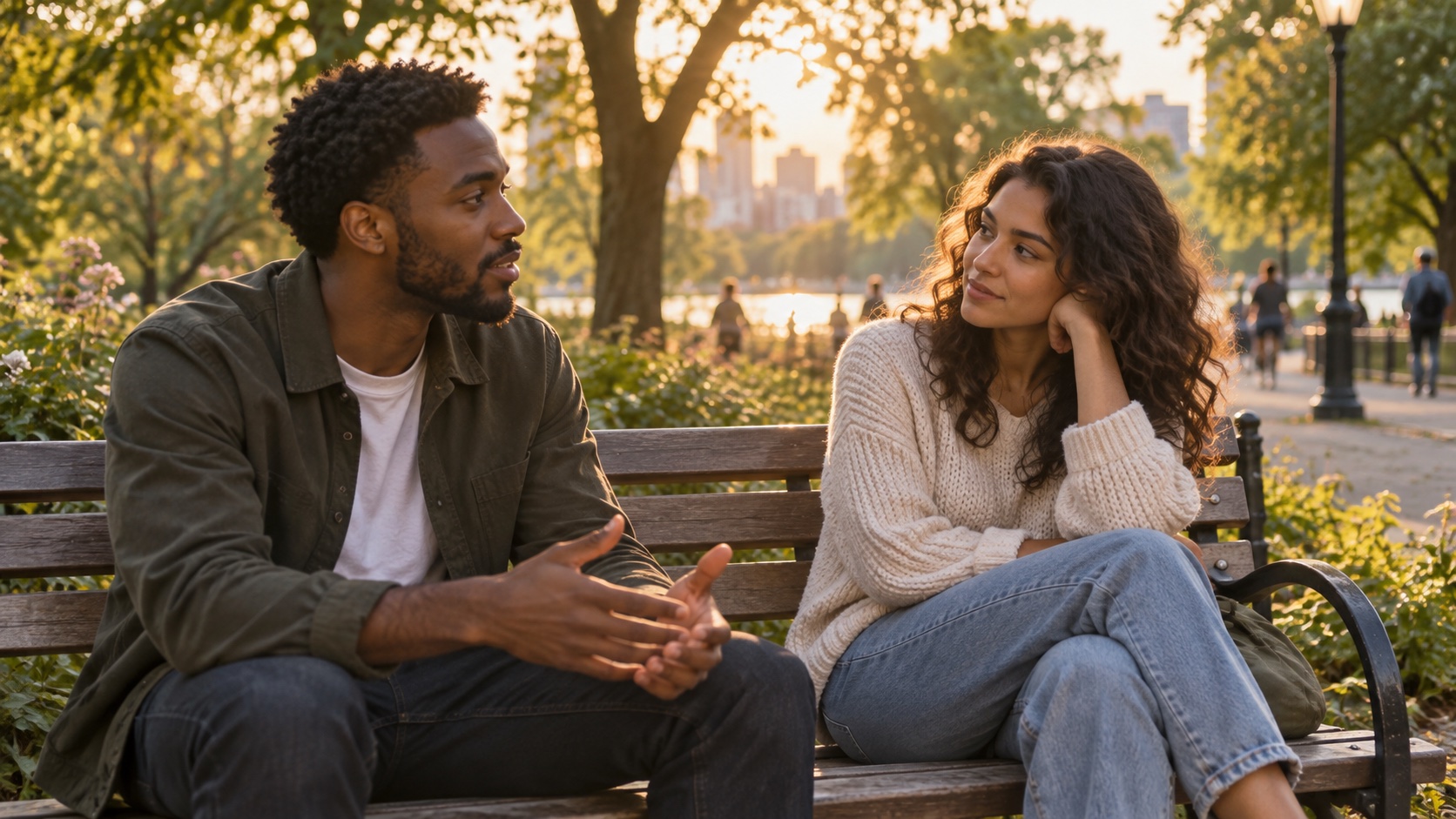 Two friends talk on a park bench.
