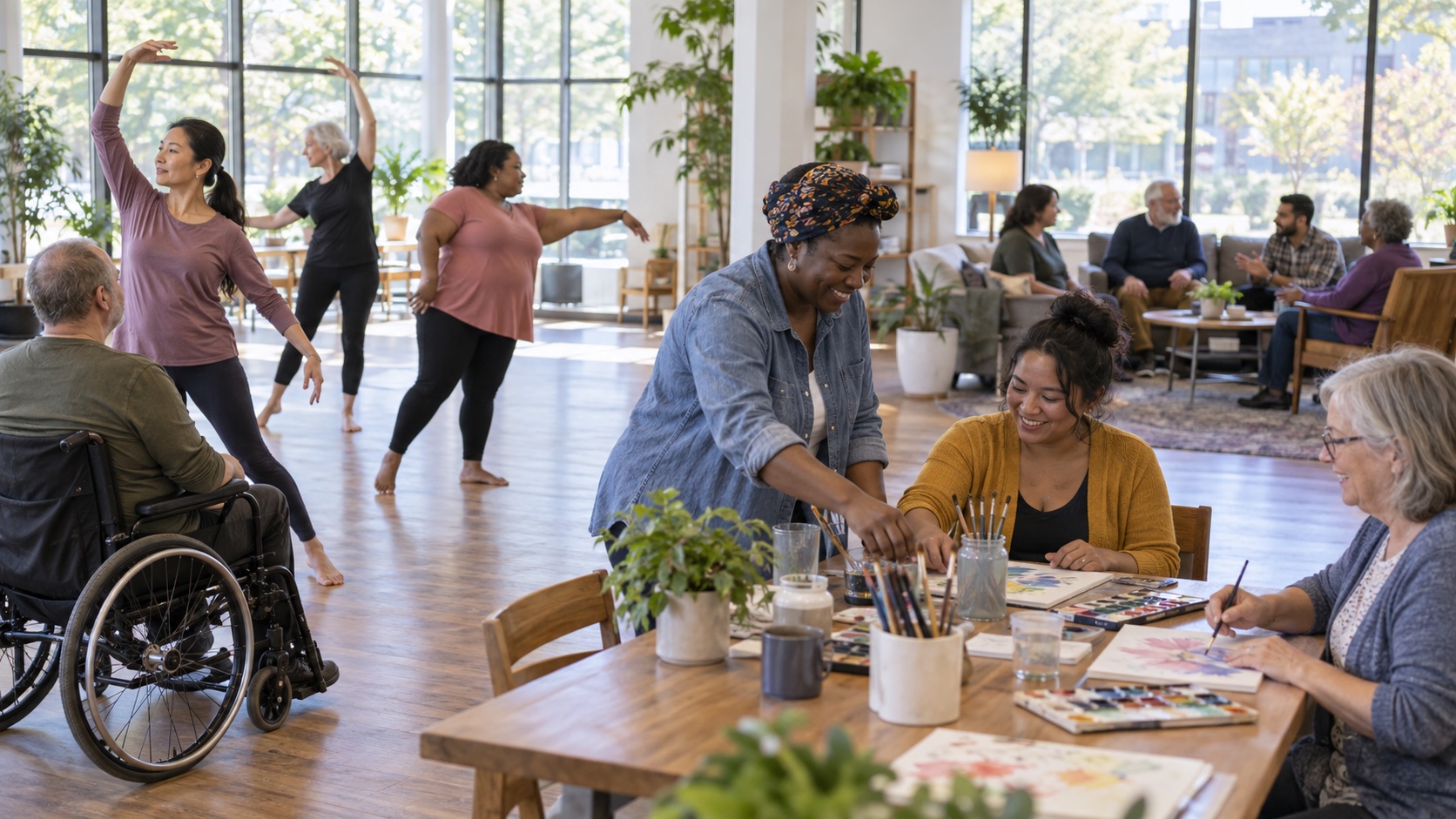 Adults take part in creative, social, and movement activities.