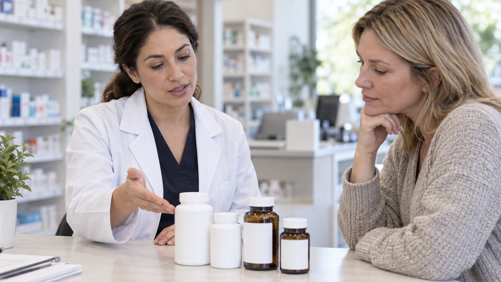 A pharmacist and client review several unlabelled supplement containers.