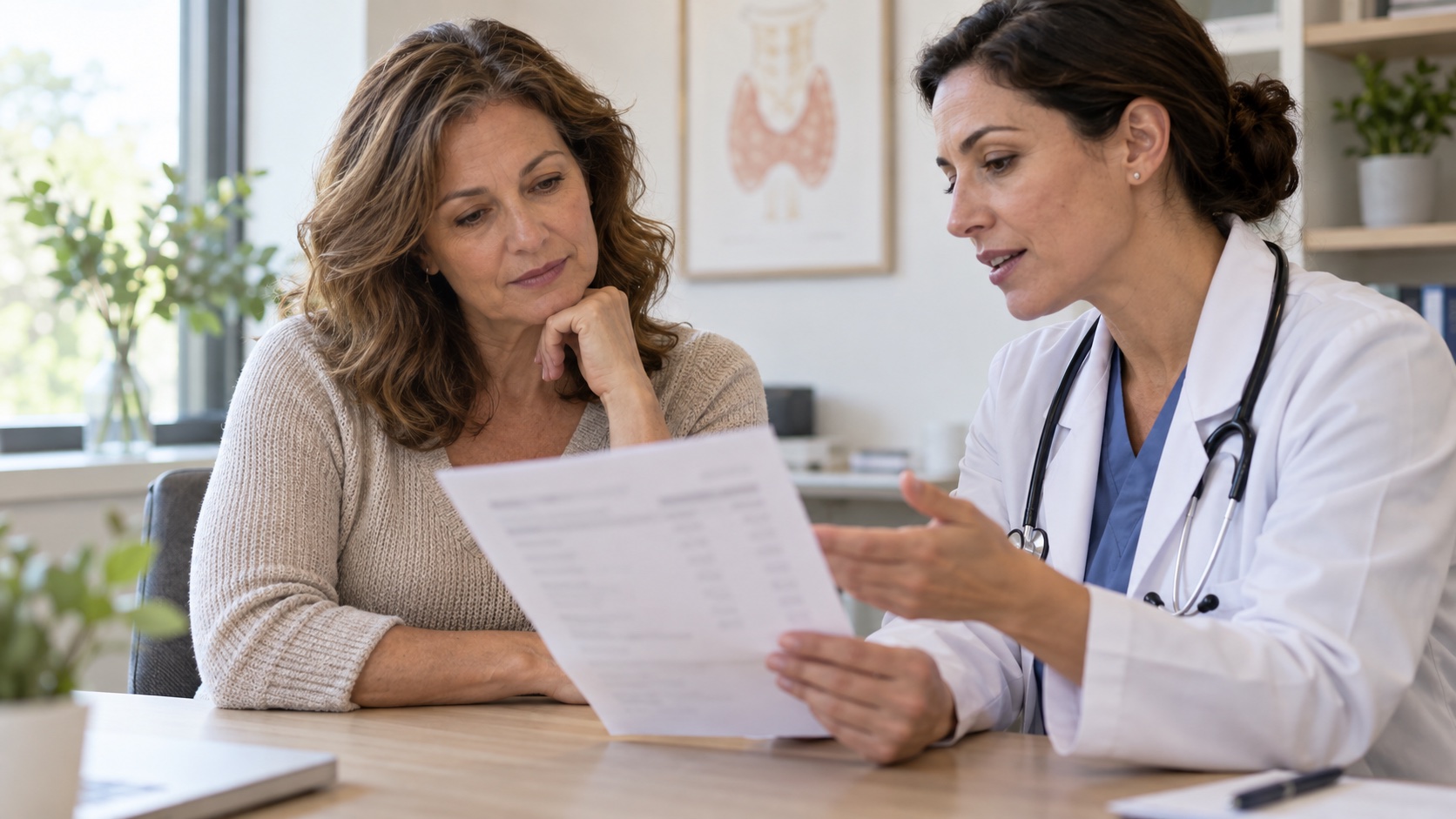 A woman and clinician review an unreadable thyroid report.