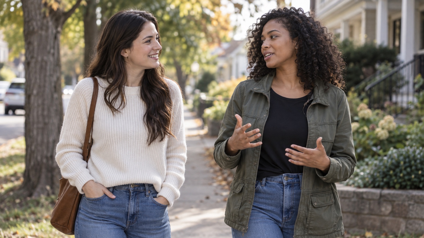 One friend listens as another speaks during a walk.
