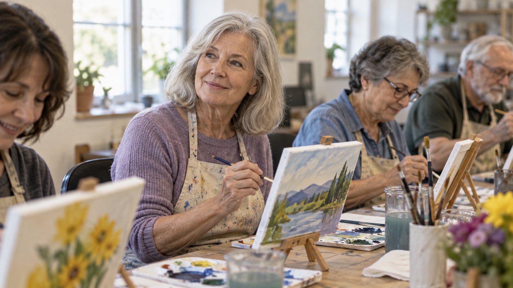 A retired woman gardens and talks with a neighbor.