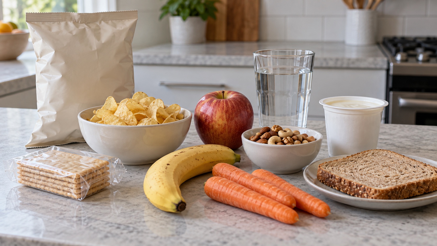 Packaged snacks and simple foods share a kitchen counter.