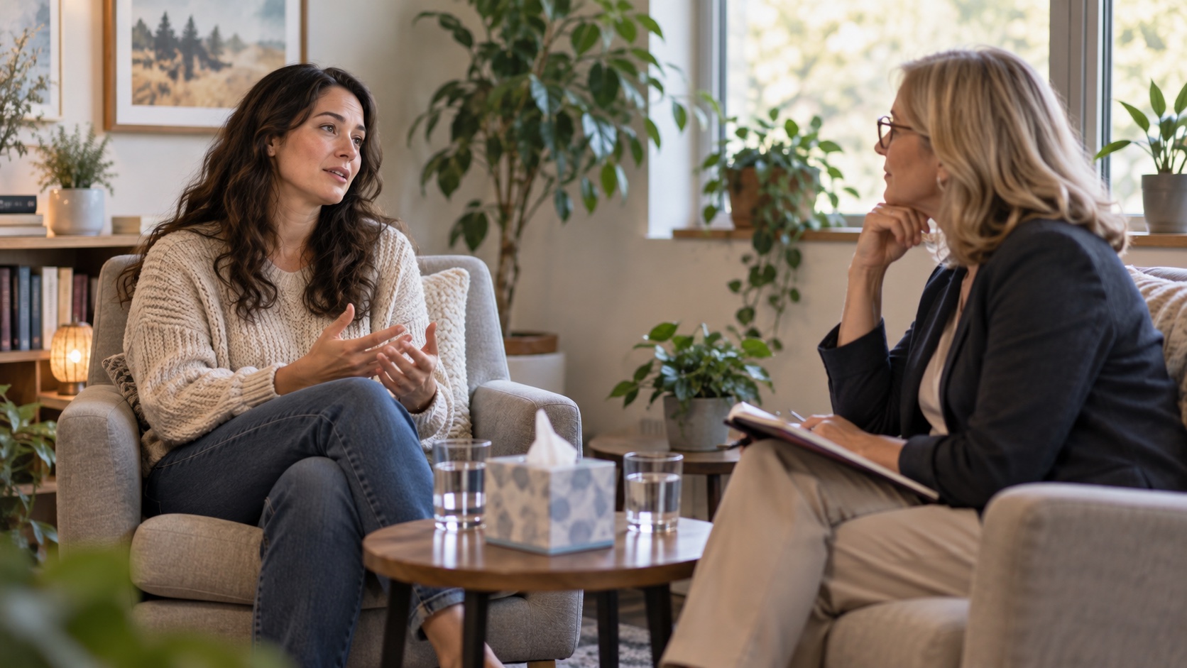 A woman discusses a difficult relationship with a counselor.