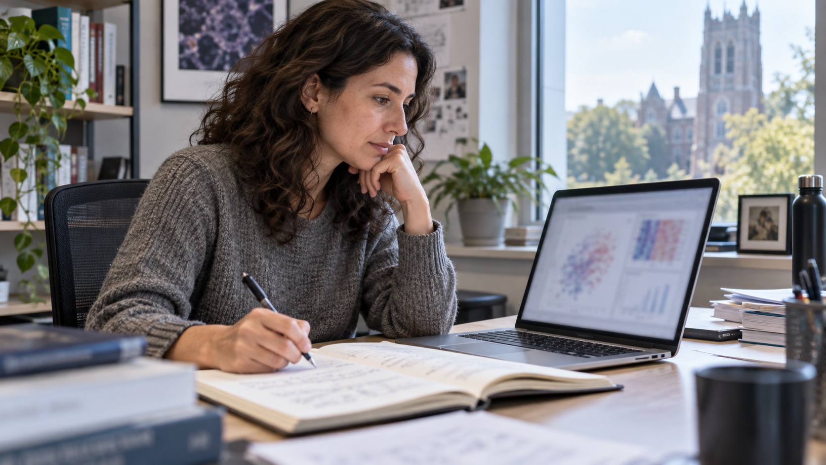 A researcher reviews anonymized data on a blurred screen.