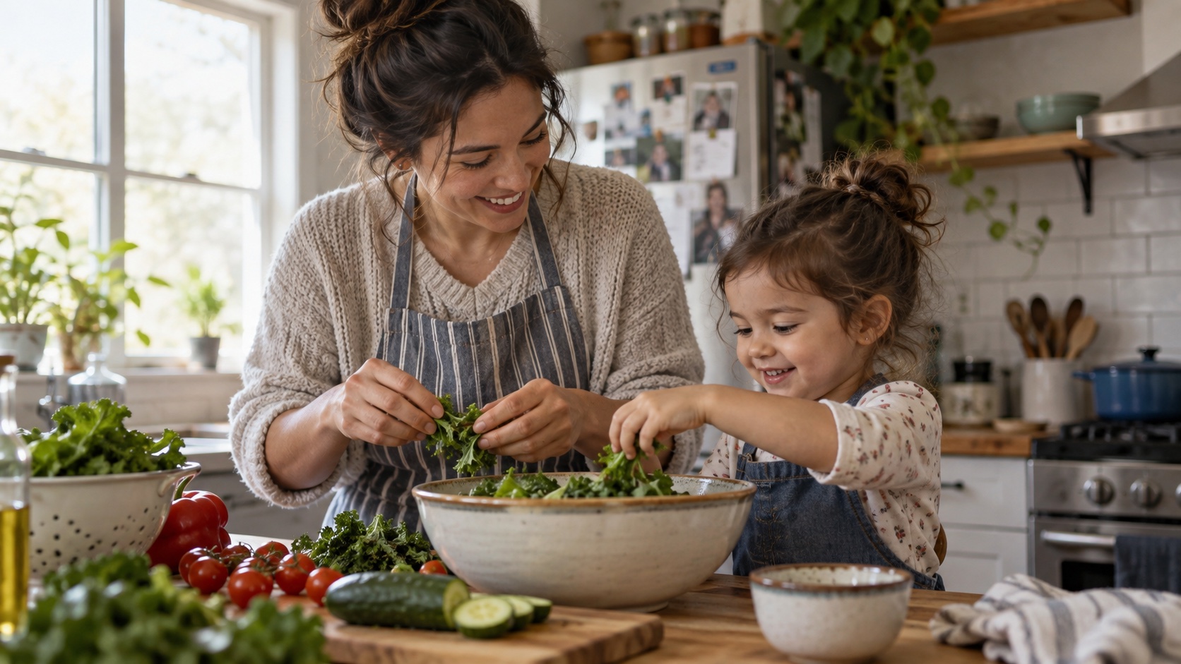 A parent and child prepare a simple meal together.