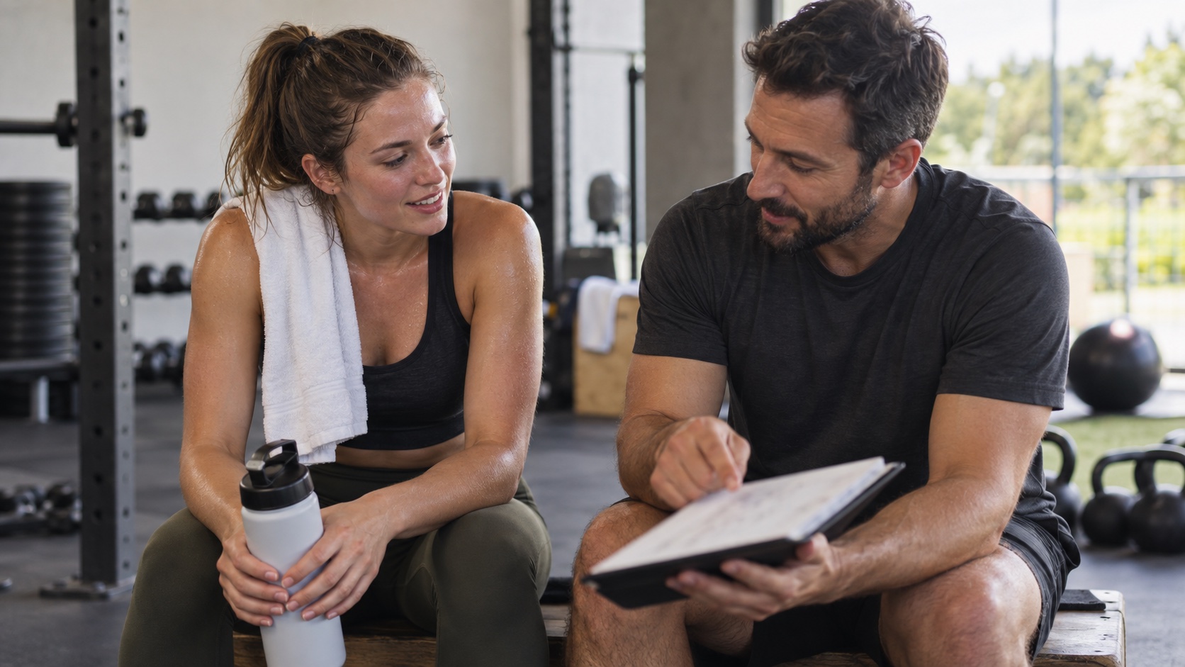 An athlete and coach review a blurred exercise log.