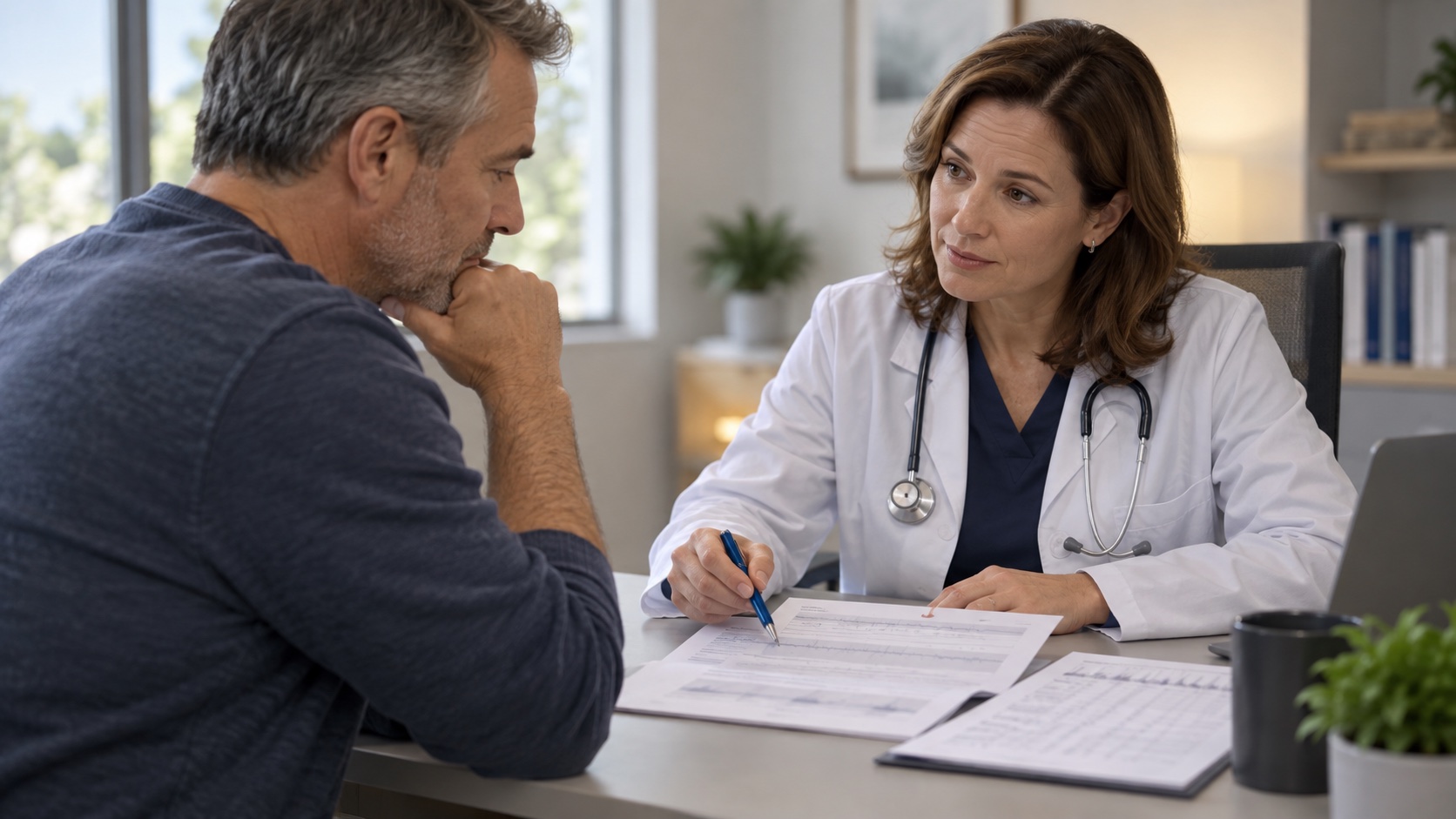 A patient and clinician review an unreadable sleep report and blood-pressure log.