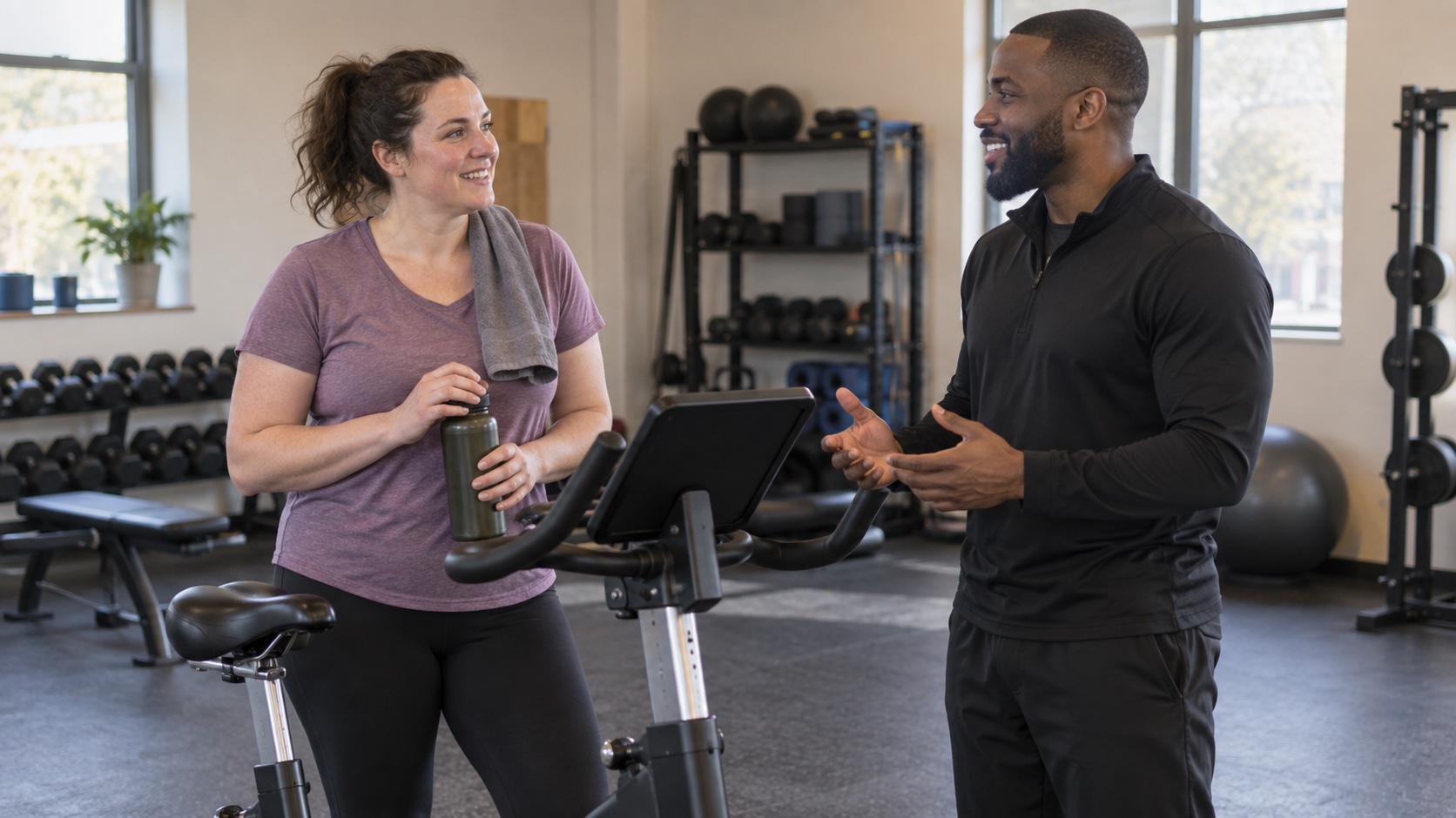 A coach and adult discuss a stationary bike in a community gym.