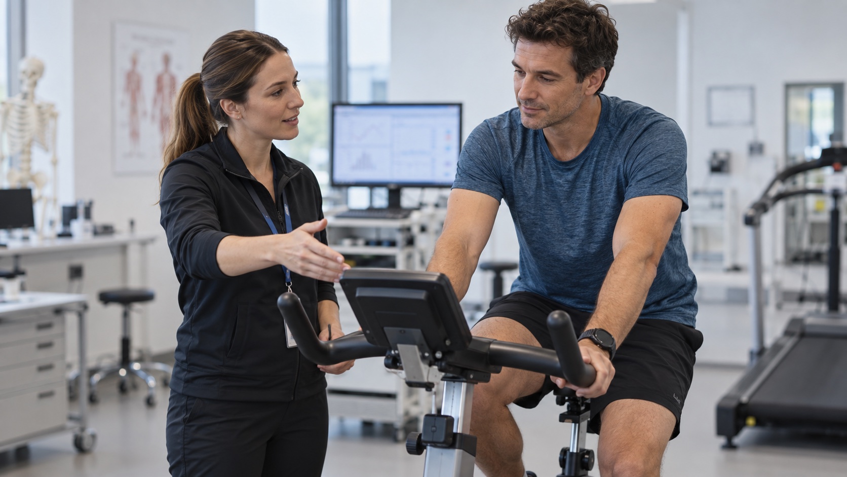 An exercise physiologist explains a cycle test with the screen blurred.