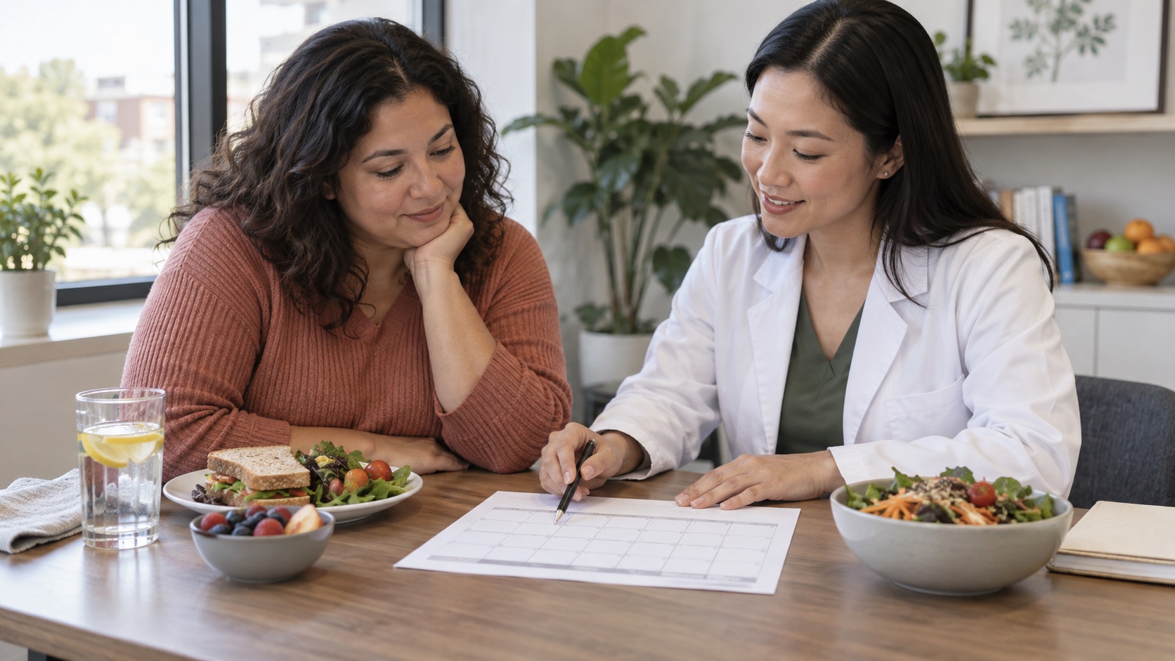 A dietitian and adult discuss a blank meal-timing calendar.