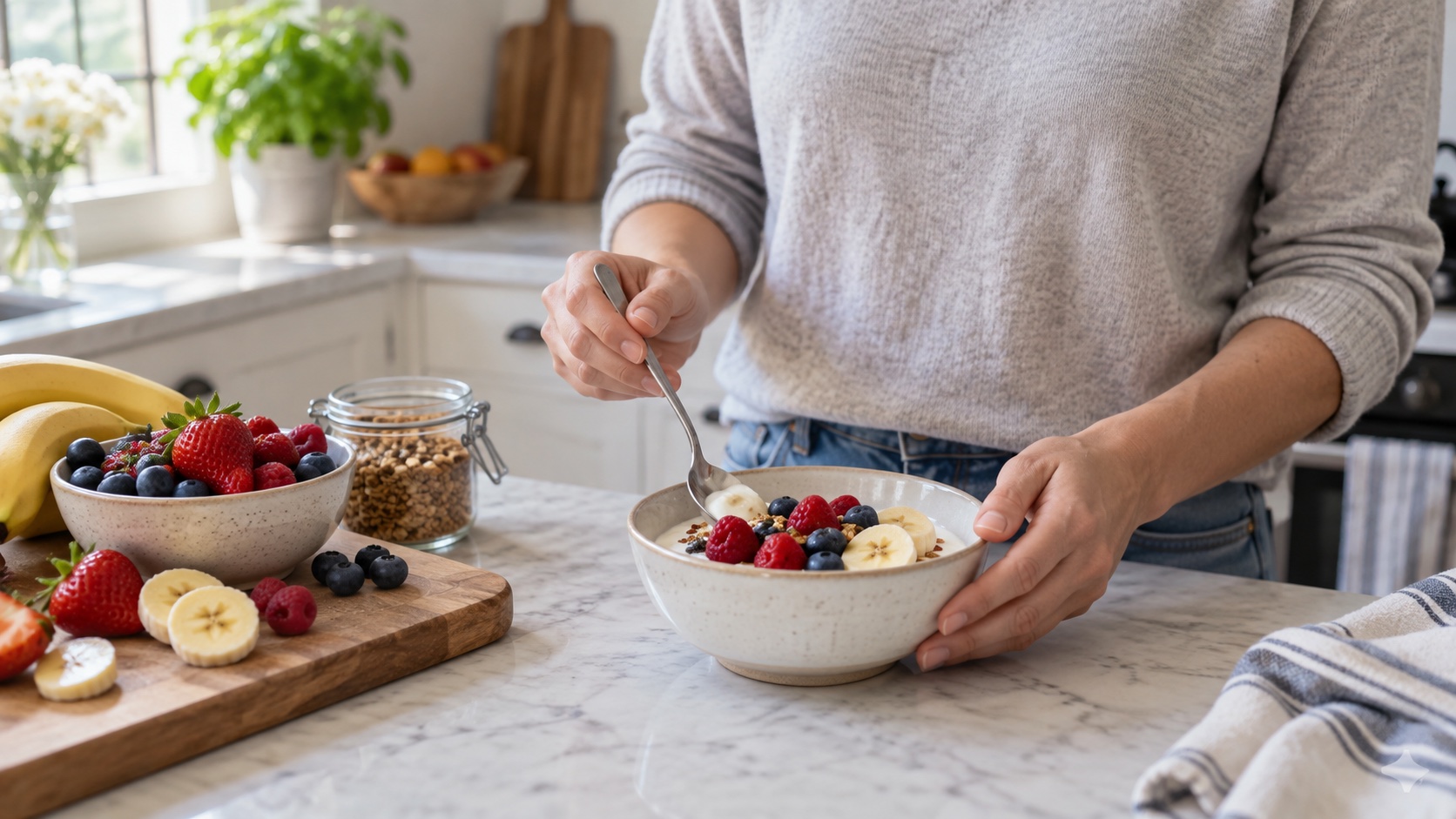 An adult prepares yogurt and fruit as a simple snack.