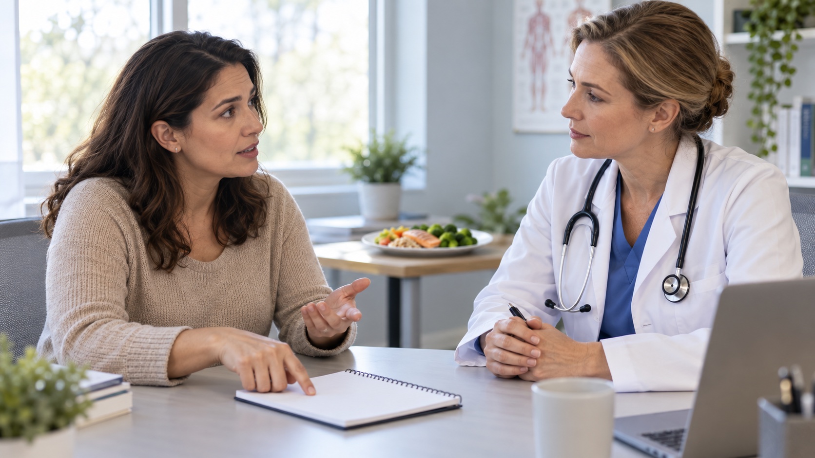 An adult discusses a meal schedule with a clinician.