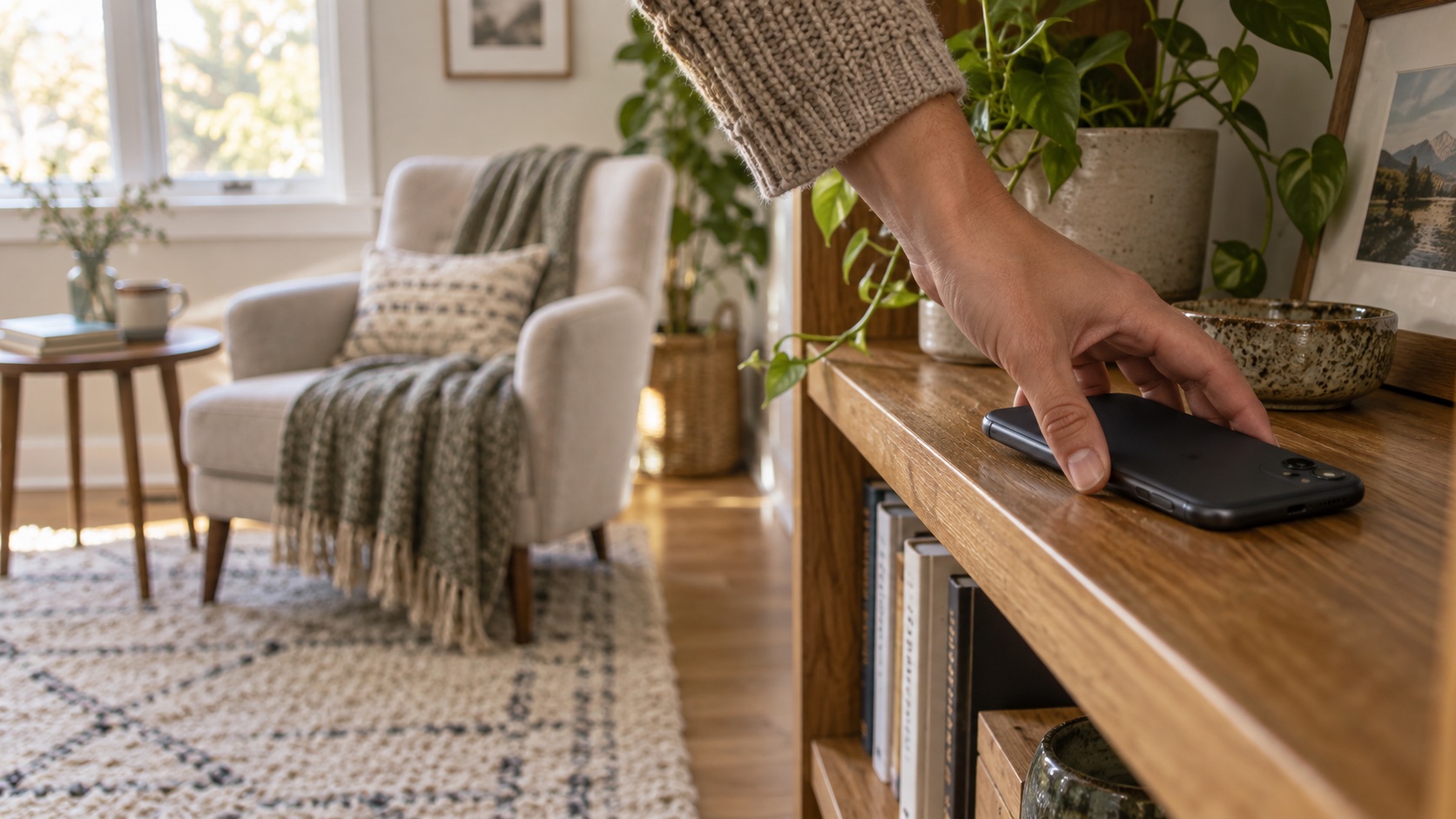A phone rests face-down away from a reading chair.