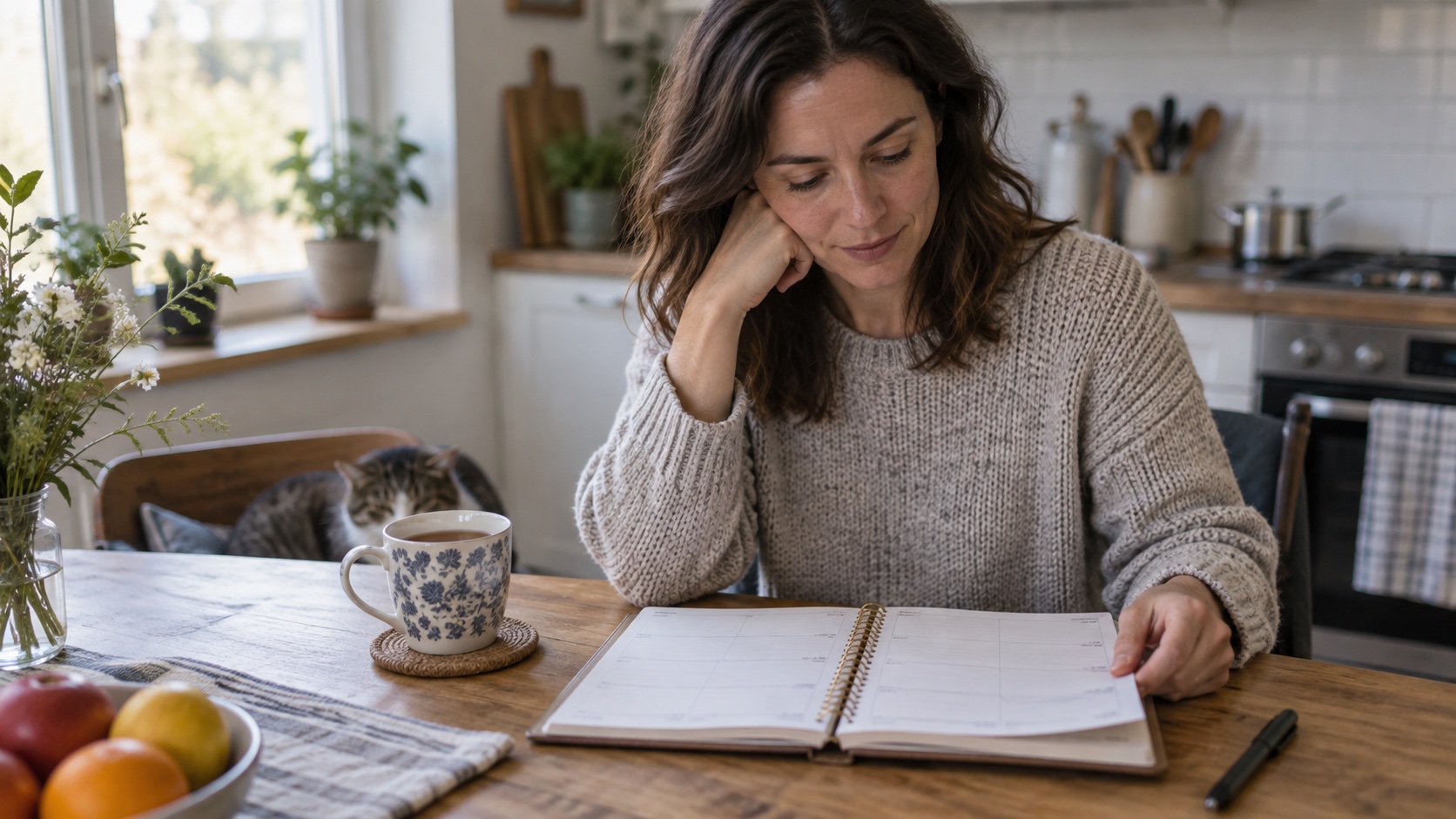 An adult reviews a blank weekly planner at a kitchen table.