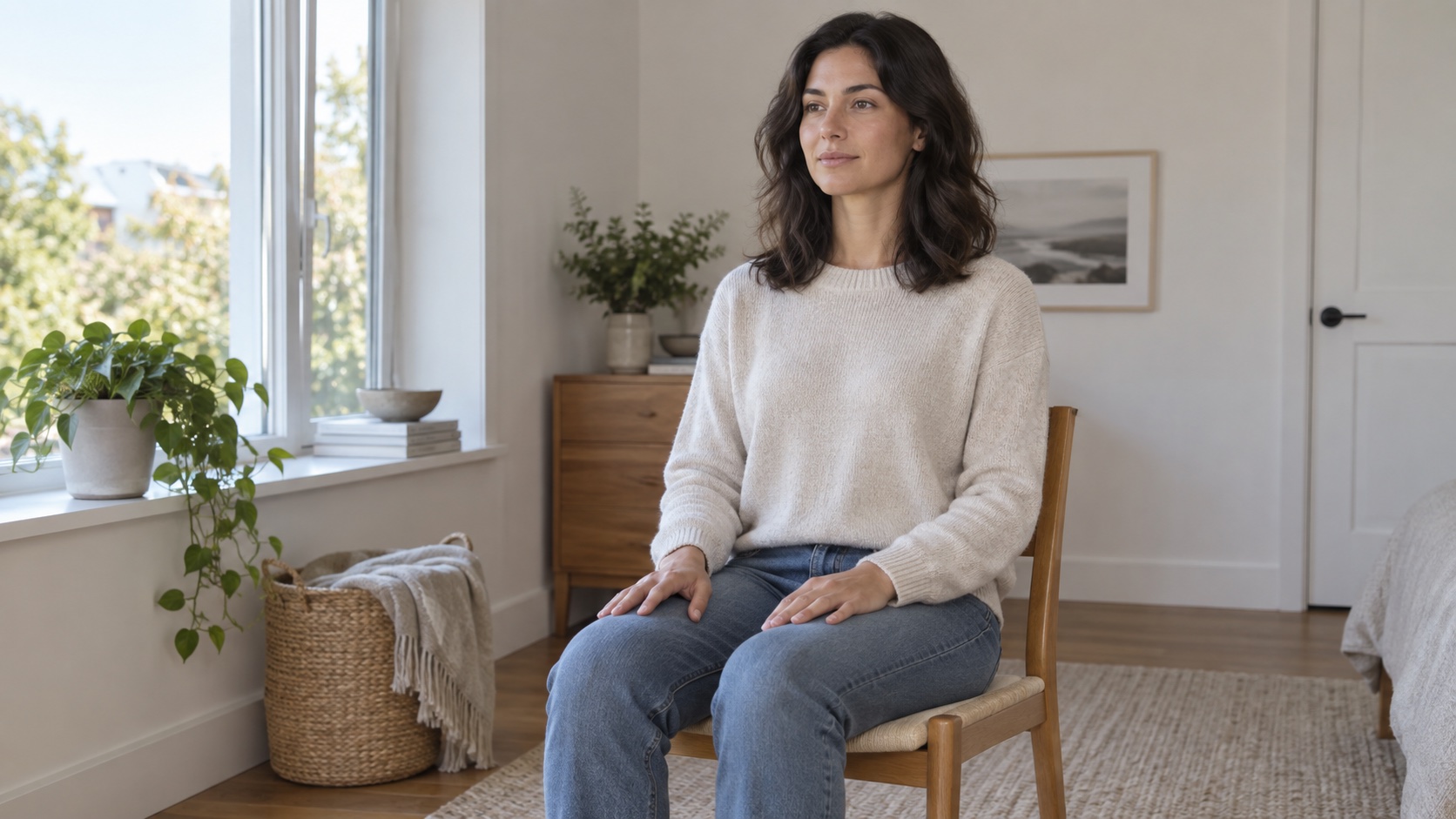 An adult sits quietly on a chair in a bright room.
