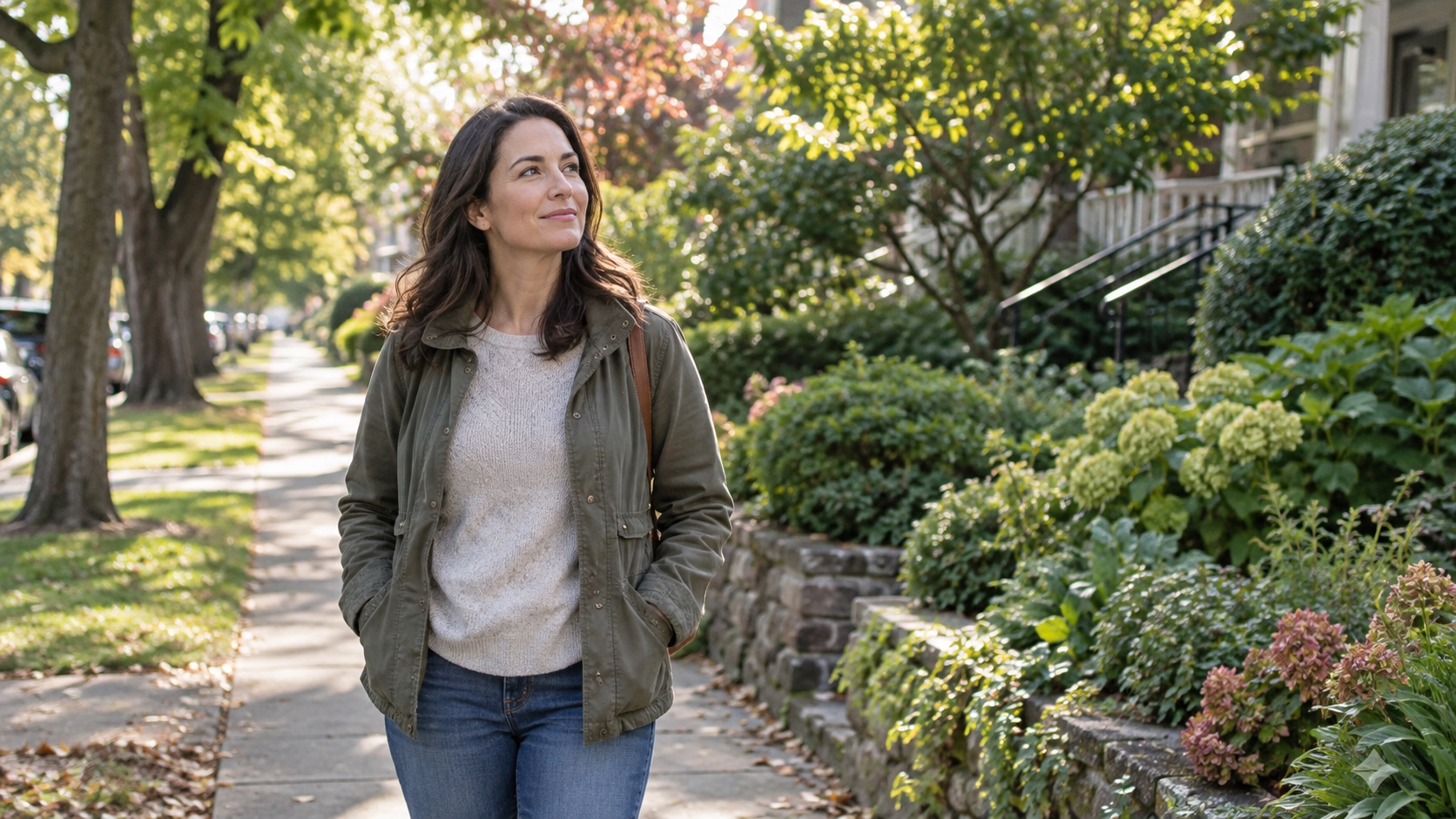 An adult pauses on an ordinary neighborhood walk.